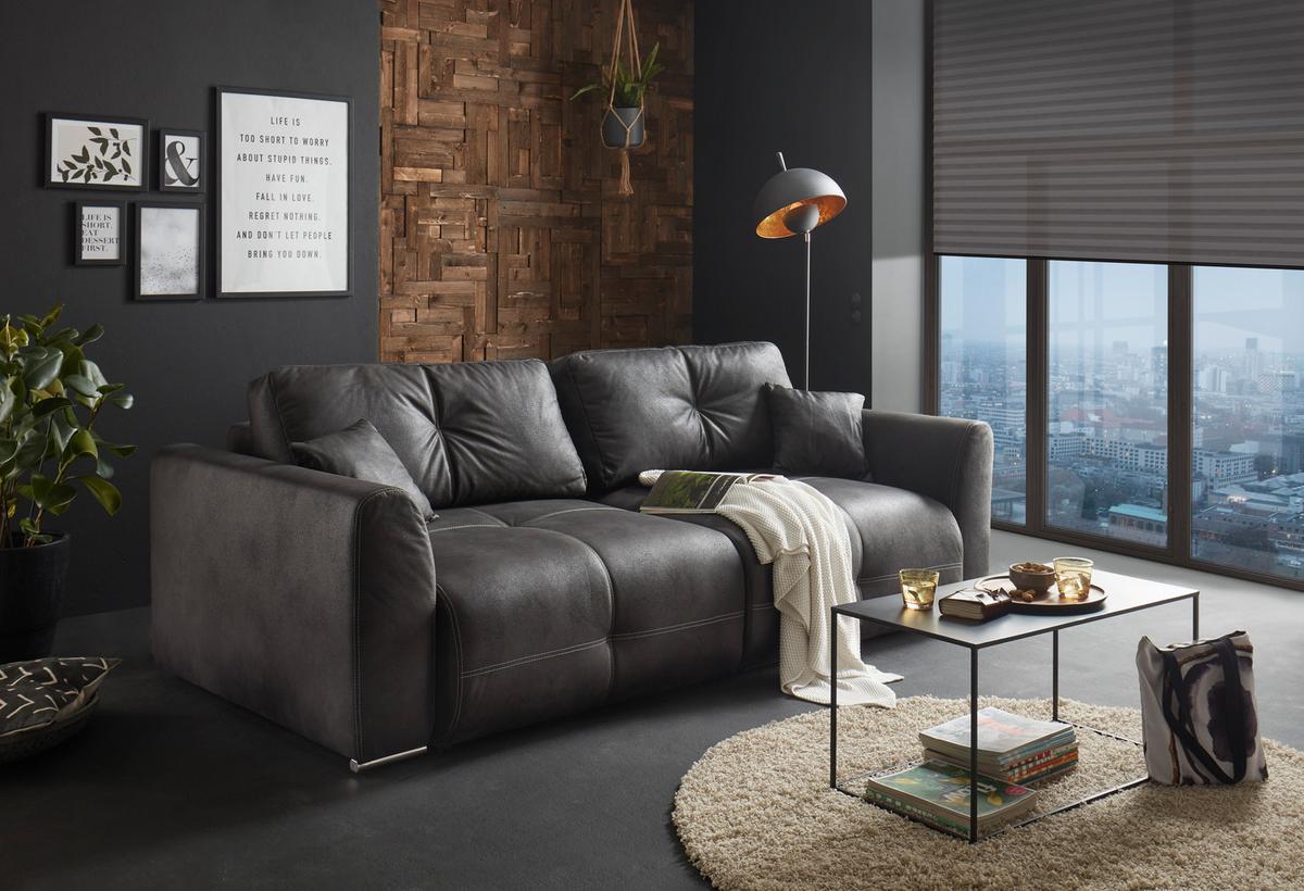 Schlafsofa Dolan Lux.3Dl Anthrazit - Hellbraun/Chromfarben, MODERN, Textil (245/85/115cm) - Livetastic
