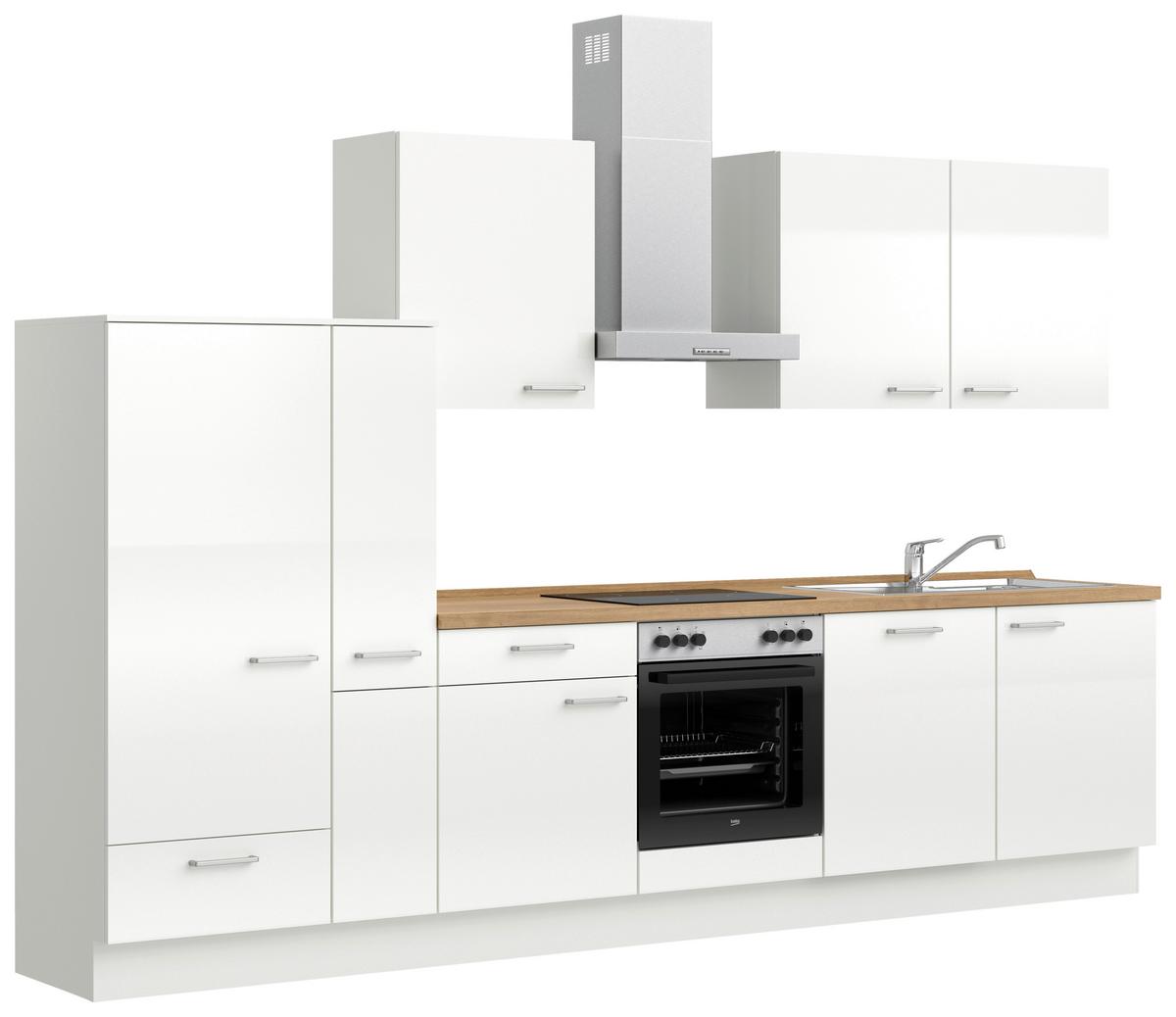 Kuchyňská linka 330 cm, alpská bílá vysoký lesk - bílá/barvy dubu, Moderní, kov/kompozitní dřevo (330cm) - Nobilia