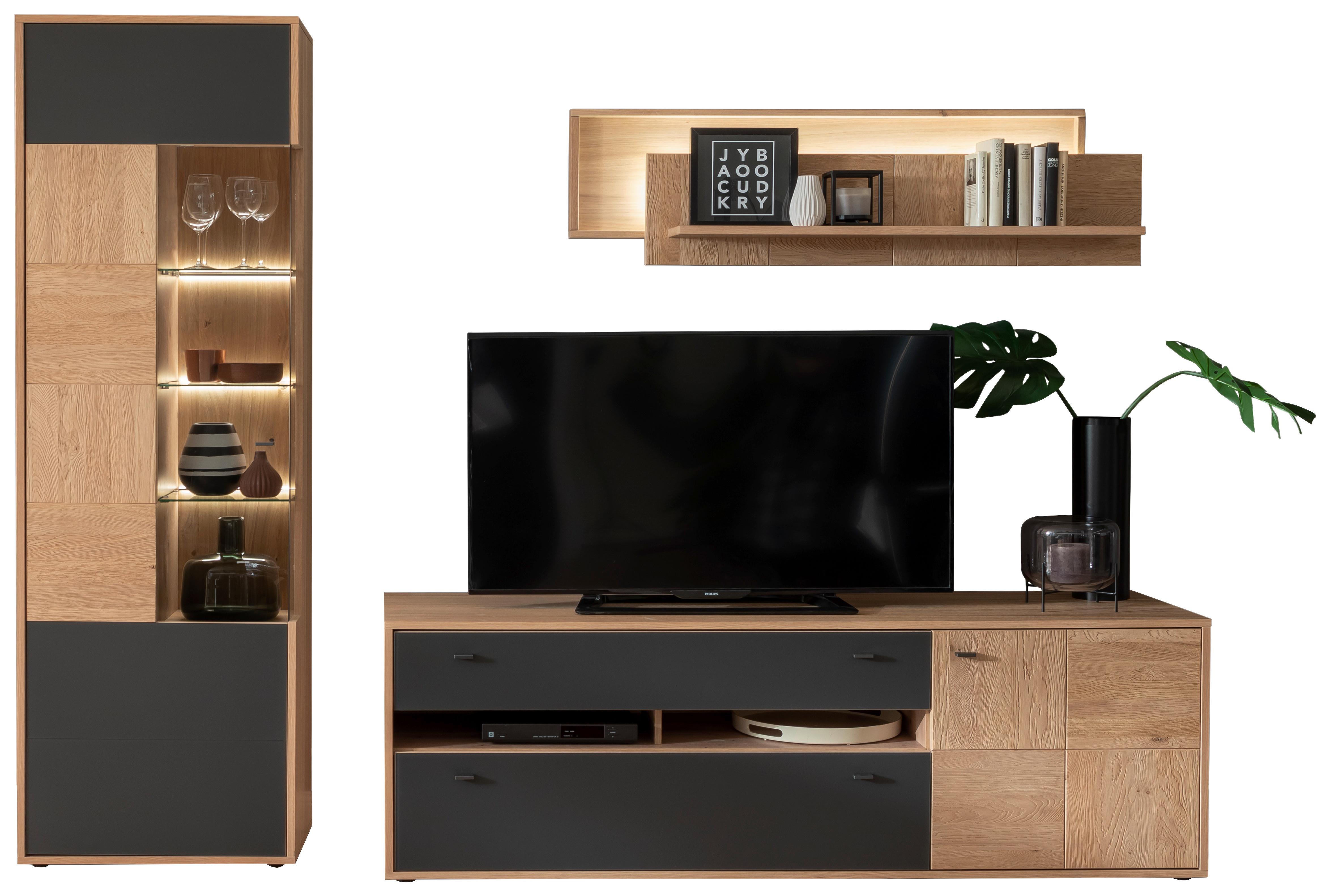 Wohnkombination teilmassiv 3tlg. Valencia Anthrazit - Eiche Bianco/Anthrazit, Design, Glas/Holz (258/207/50cm) - MID.YOU
