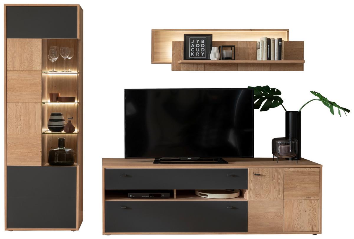 Wohnkombination Teilmassiv 3tlg. Valencia Anthrazit - Eiche Bianco/Anthrazit, Design, Glas/Holz (258/207/50cm) - MID.YOU