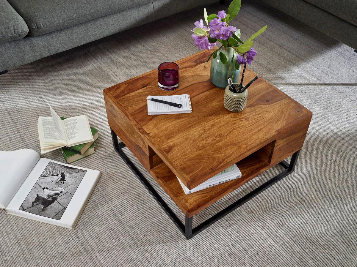 Couchtisch Wohnling Sheesham B: 60 cm - Sheeshamfarben/Schwarz, MODERN, Holz/Metall (60/60/34,5cm) - MID.YOU
