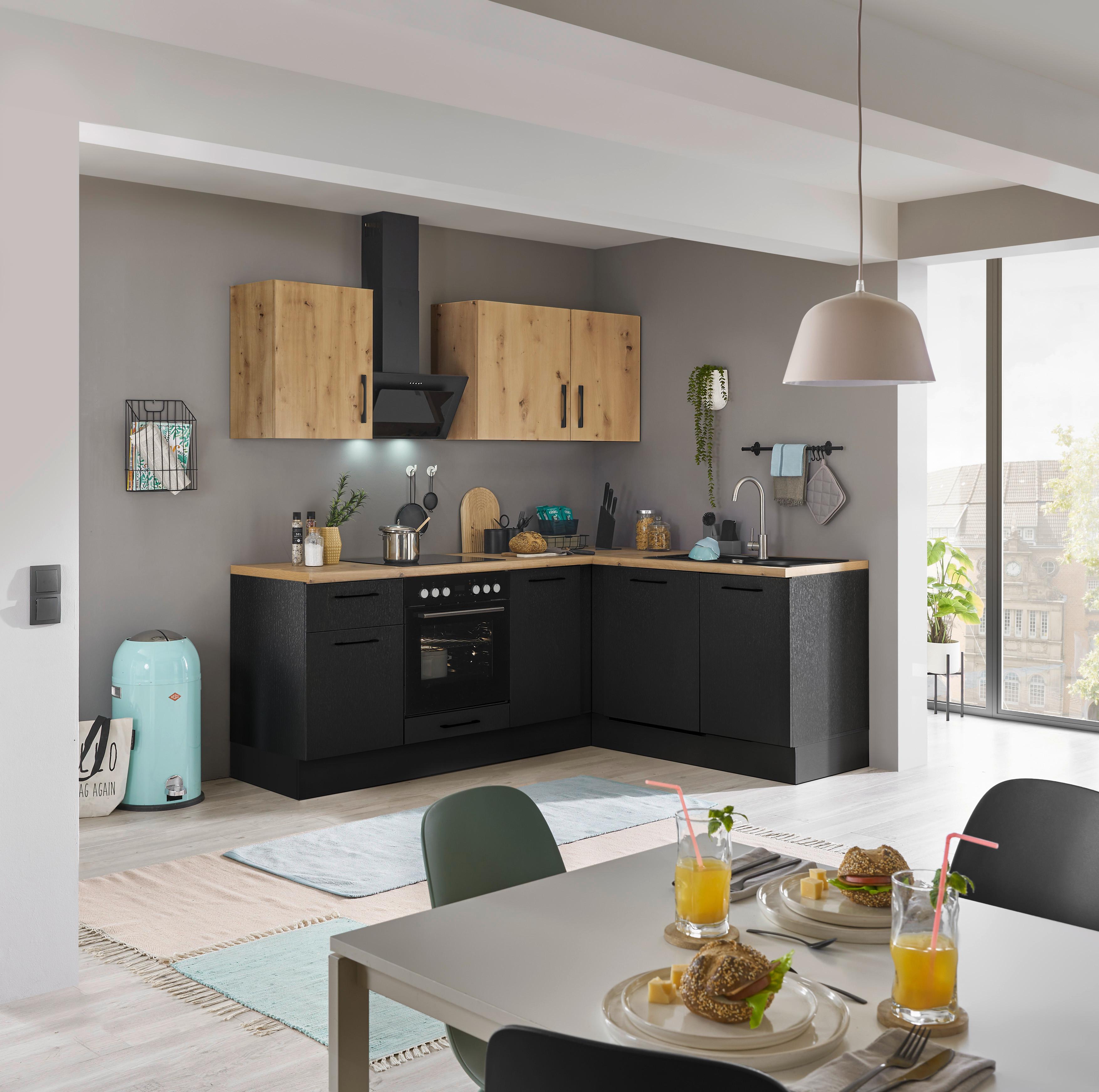 Eckküche Turin Schwarz/eiche Dekor 220x175 Cm - Schwarz/Eiche Artisan, Basics, Holzwerkstoff (220/175cm) - MID.YOU