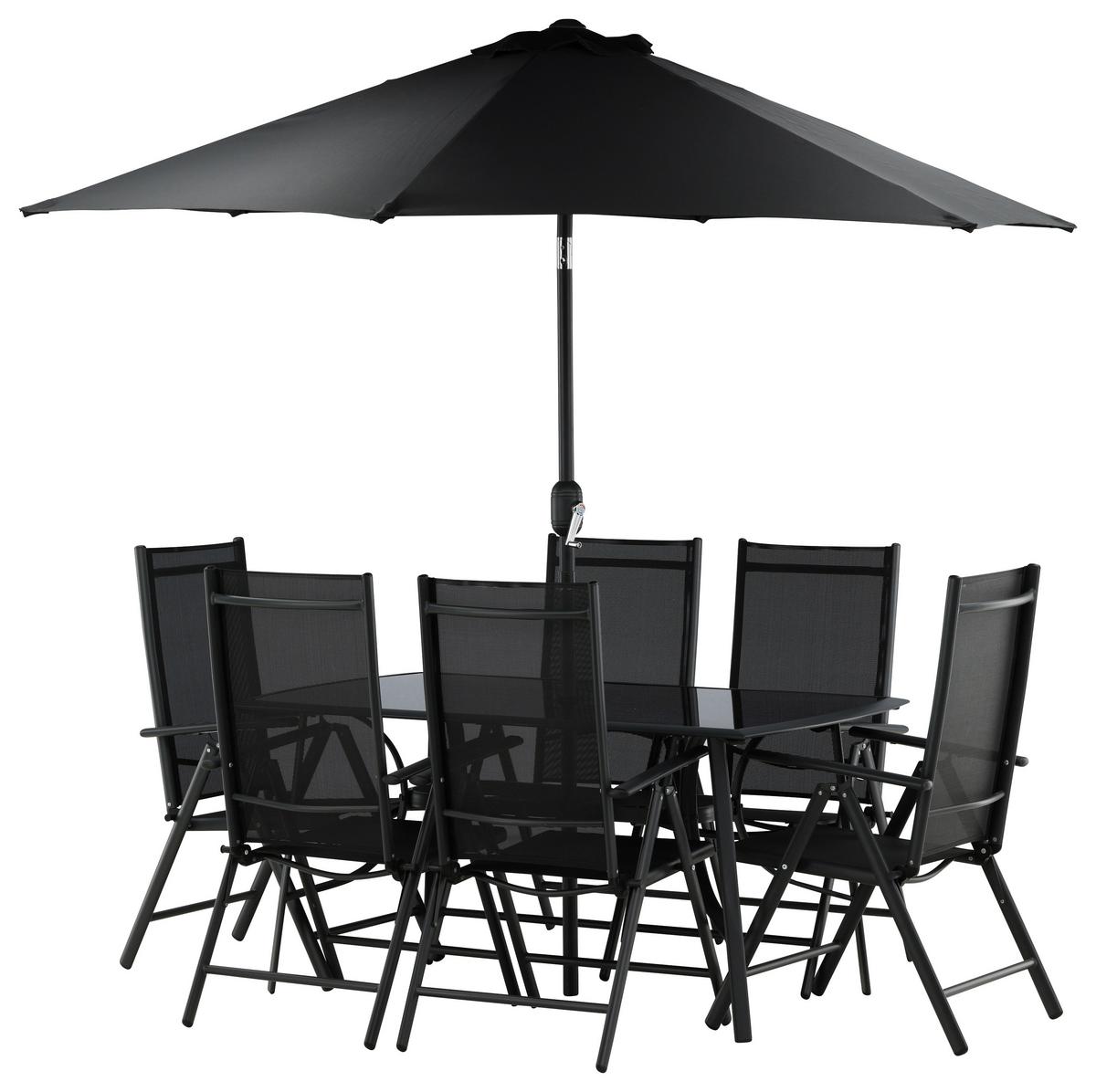 Gartentischgruppe 8-Tlg Brekki aus Aluminium mit Schirm - Schwarz, KONVENTIONELL, Glas/Metall - Gardenson