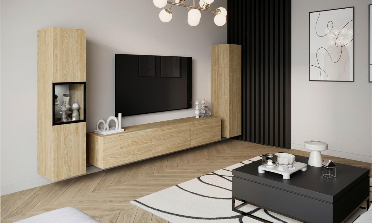 Wohnwand mit LED Berlin III Eichefarben - Eichefarben/Grau, Design, Glas/Holzwerkstoff (240/130/31cm) - P & B