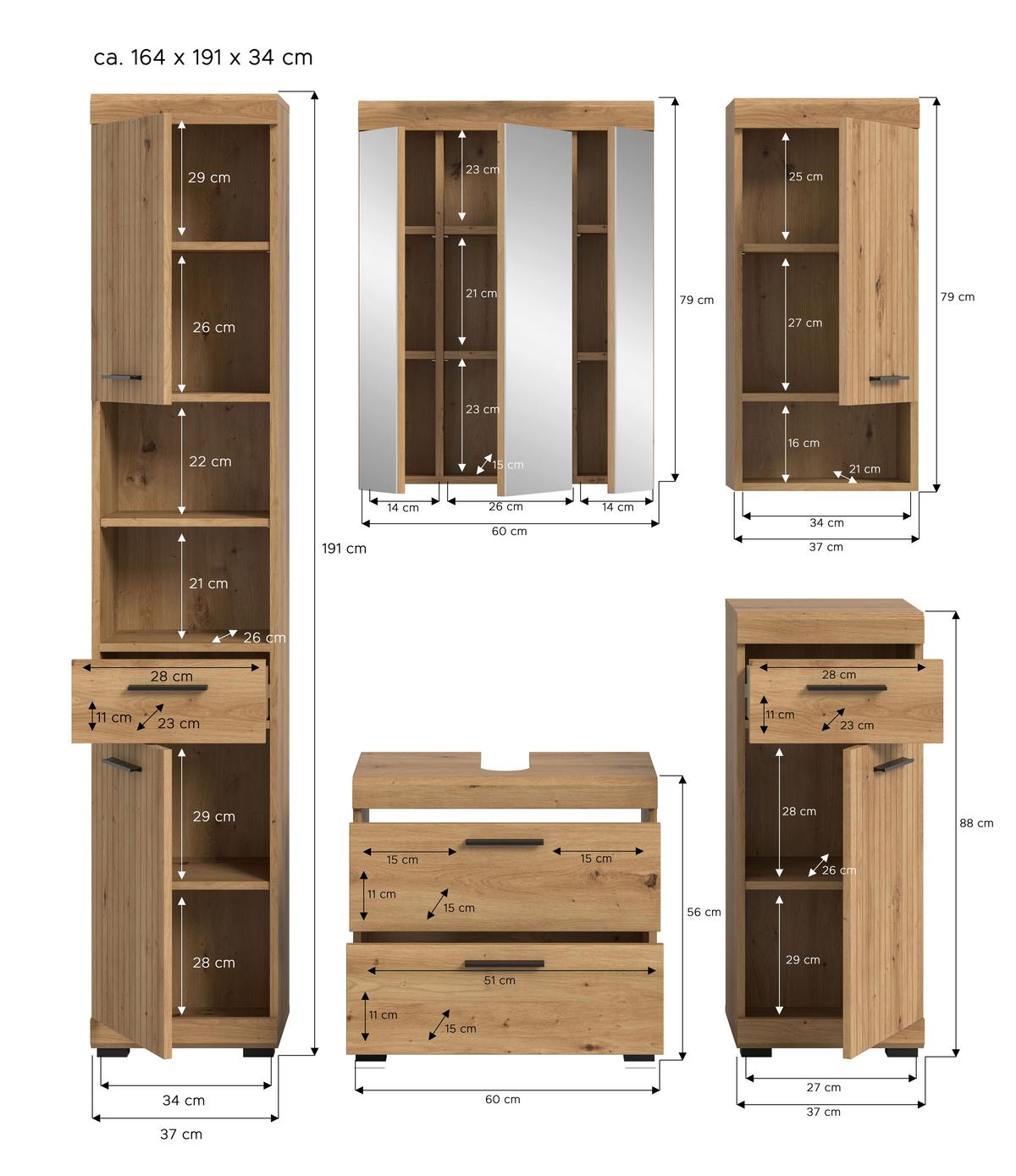 Badezimmer Scout Eiche Artisan Dekor B: 134cm - Schwarz/Eiche Artisan, Trend, Glas/Holzwerkstoff (134cm) - MID.YOU