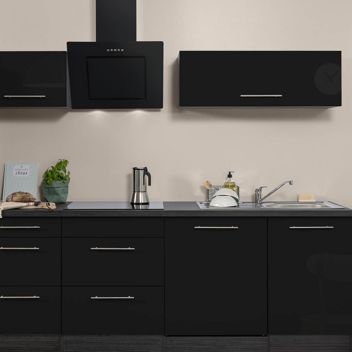 Küchenzeile mit Geräten 280 cm Schwarz Hochglanz/Eiche Grau - Eichefarben/Schwarz, Basics, Holzwerkstoff (280cm) - Respekta