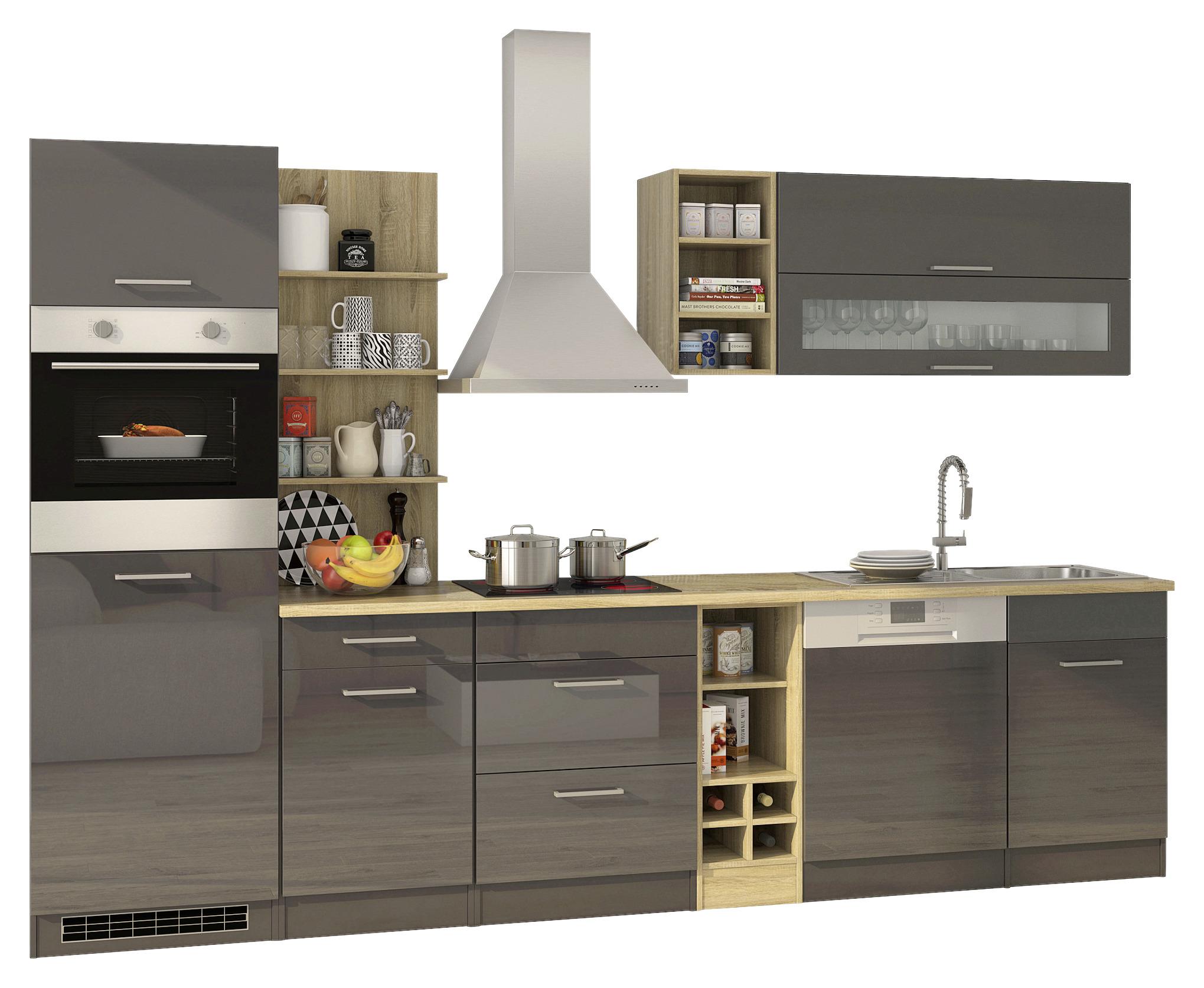Küchenzeile Mailand mit Geräten 310 cm Anthrazit Elegant - Eichefarben/Anthrazit, MODERN, Holzwerkstoff (310cm) - MID.YOU