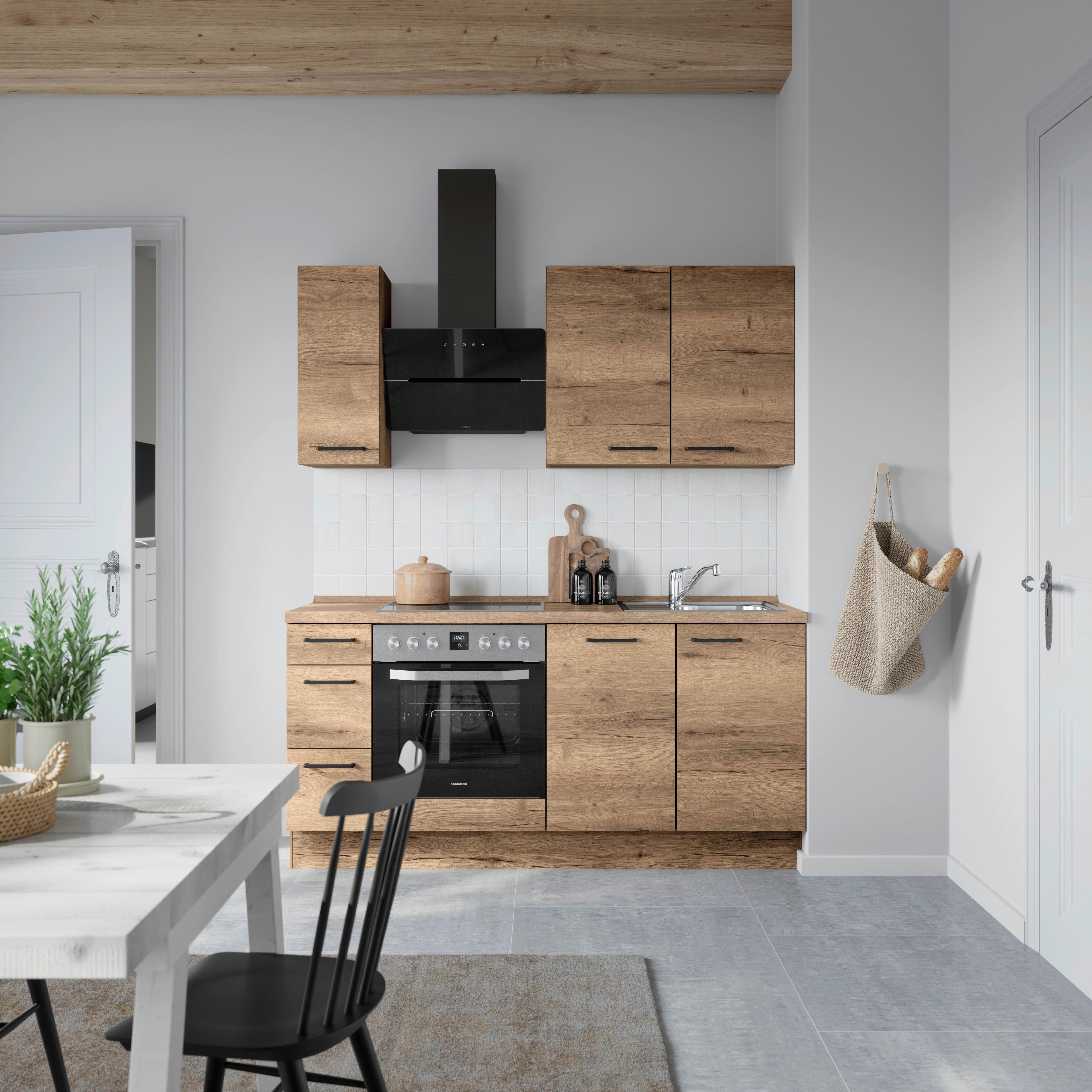 Kuchyňská linka 180 cm, dekor dub Havanna - černá/tmavý dub, Moderní, kov/kompozitní dřevo (180cm) - Nobilia
