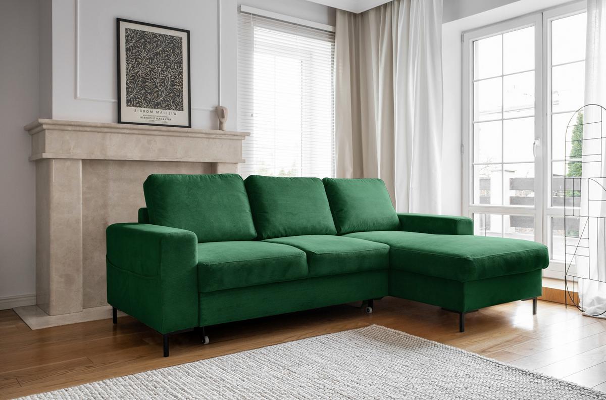 Rohová sedačka LEONIE, pravá, smaragdovozelený menčester - čierna/smaragdovozelená, Design, kov/drevo (236/148cm)