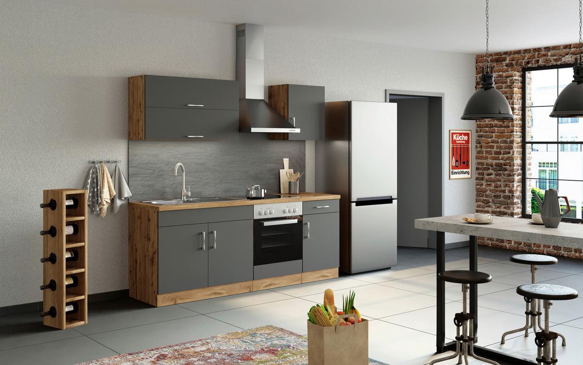 Küchenzeile Sorrento ohne Geräte 210 cm Anthrazit - Anthrazit/Eiche Wotan, MODERN, Holzwerkstoff (210cm) - Held
