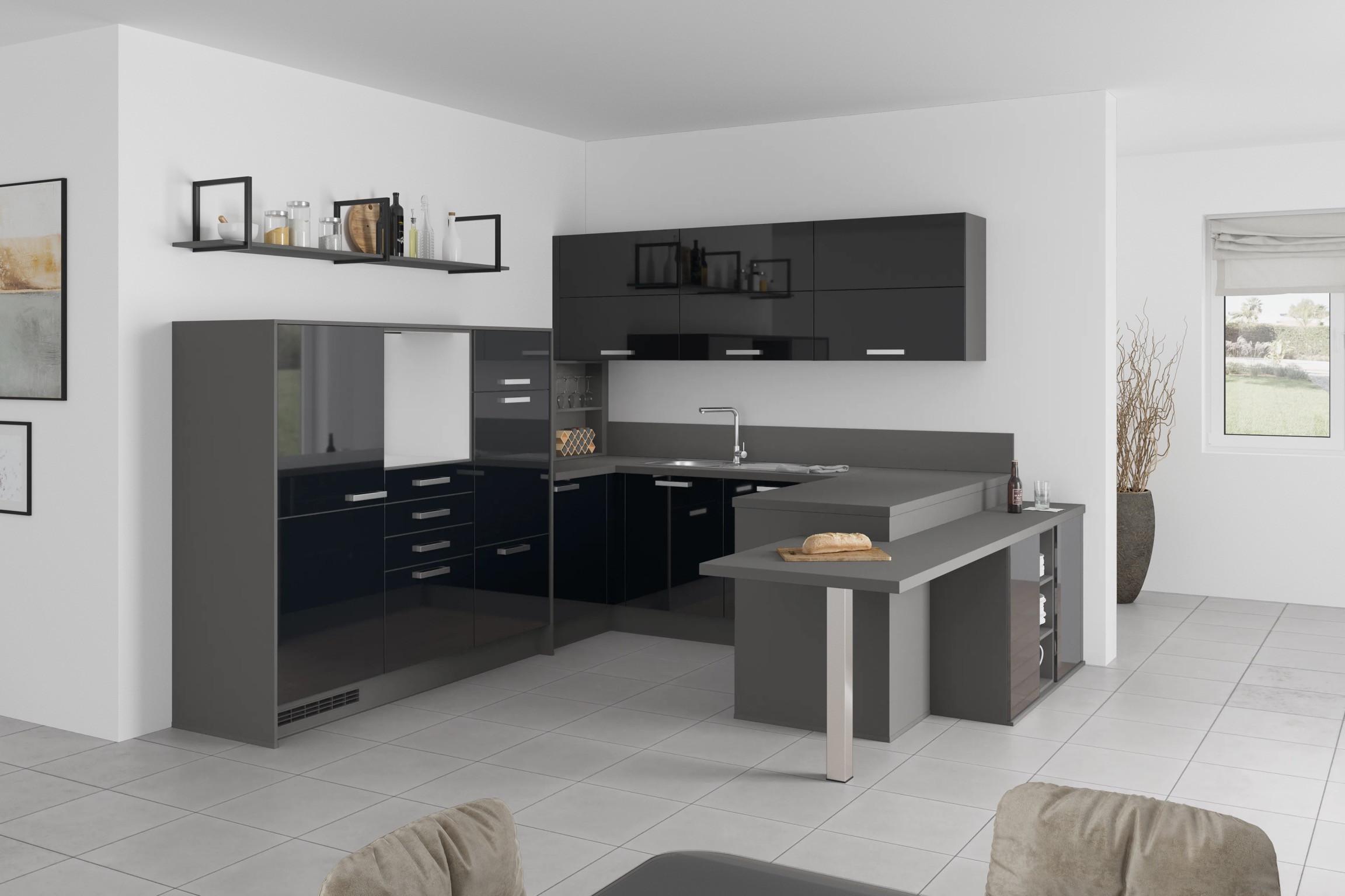 U-förmige Einbauküche in Grau mit hochglänzenden Fronten