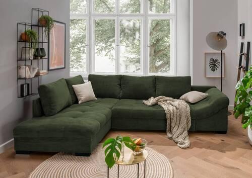 Rohová sedačka ALVITO, levá, tmavě zelený manšestr - černá/tmavě zelená, Design, dřevo/textil (202/298cm) - MID.YOU