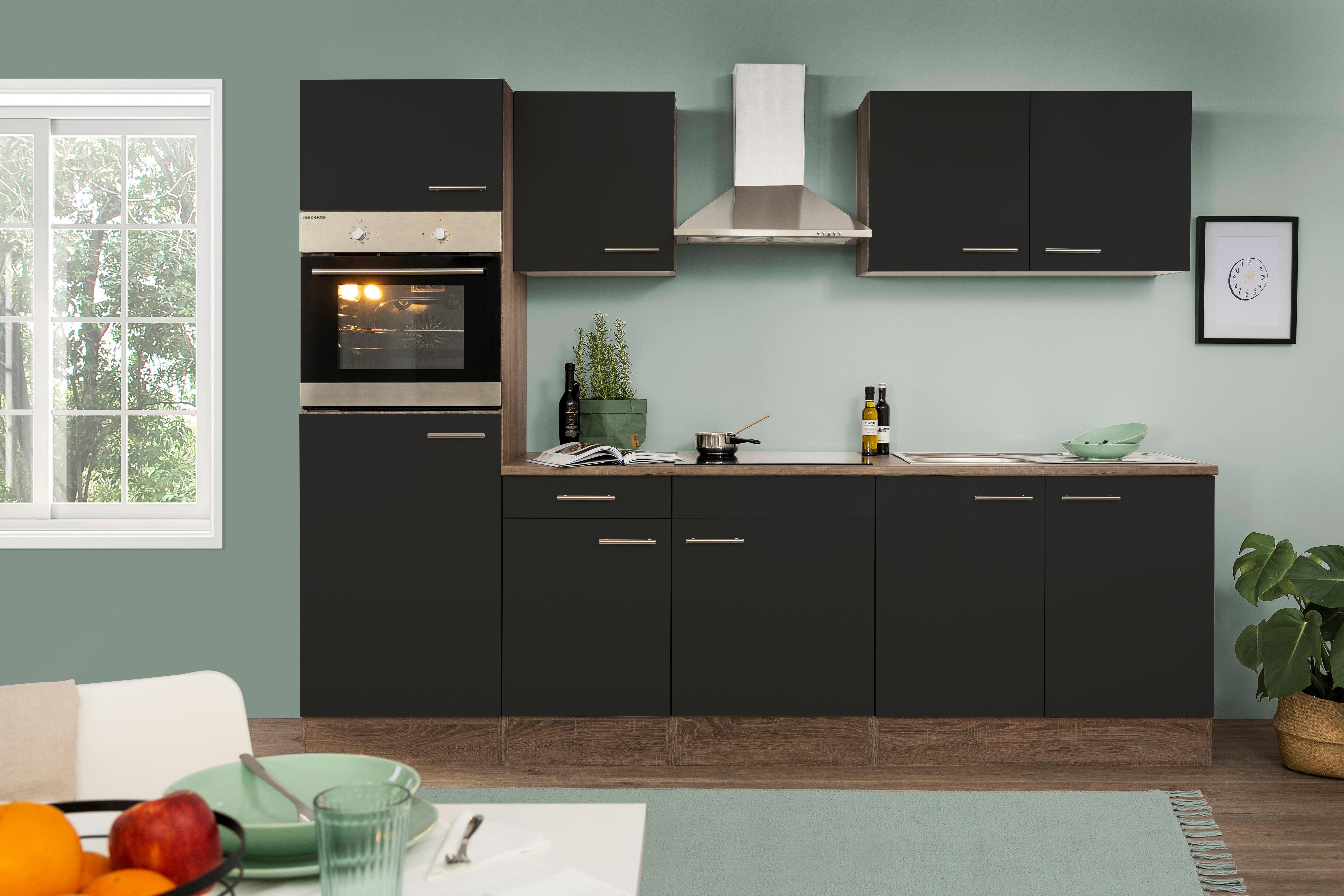Küchenzeile mit Geräten B: 270 cm Schwarz/Eiche Dekor - Eichefarben/Schwarz, Design, Holzwerkstoff (270cm) - Respekta