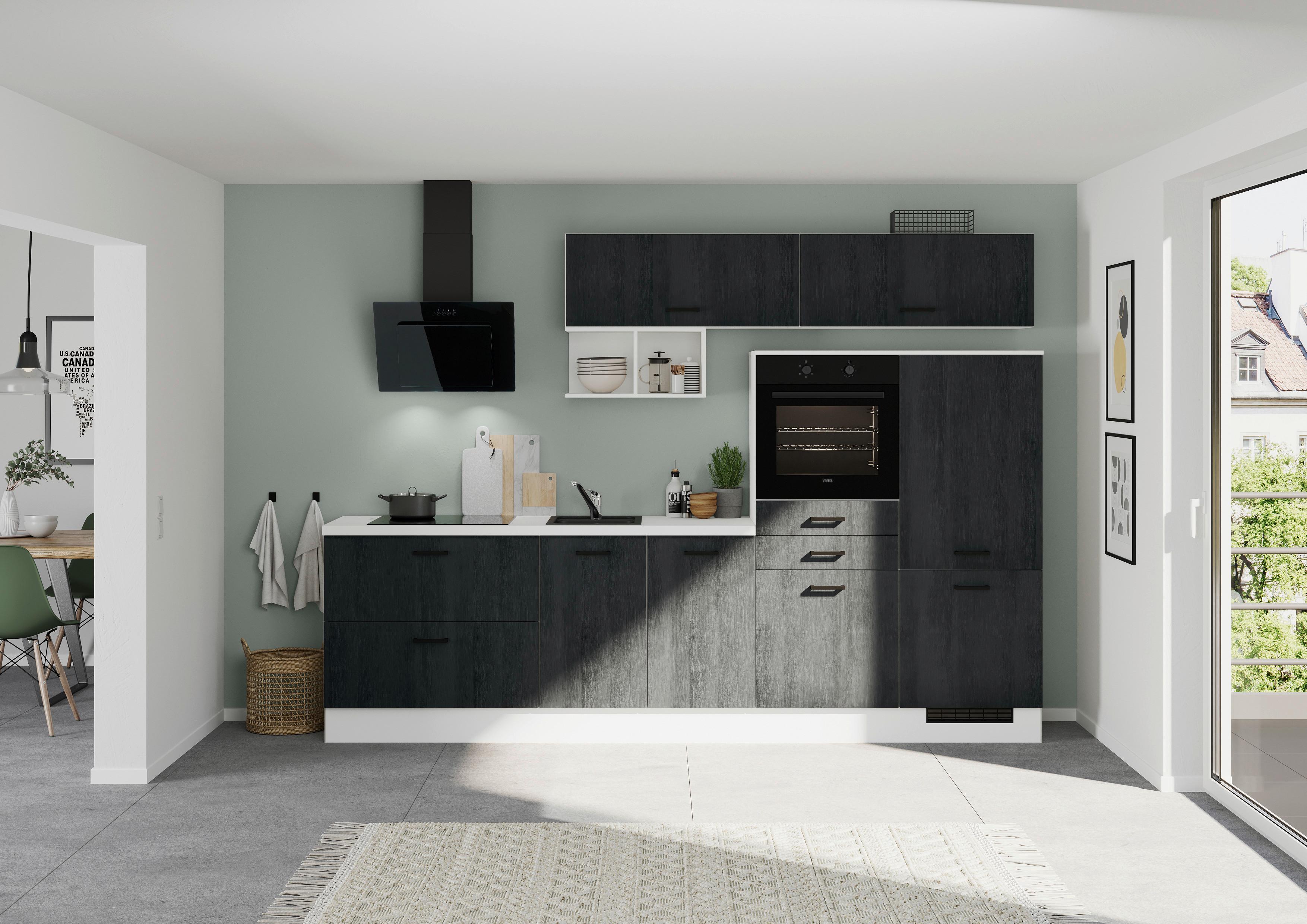 Küchenblock Ip2200 - Eiche dunkel/Schwarz, Design, Holzwerkstoff (300cm) - Impuls