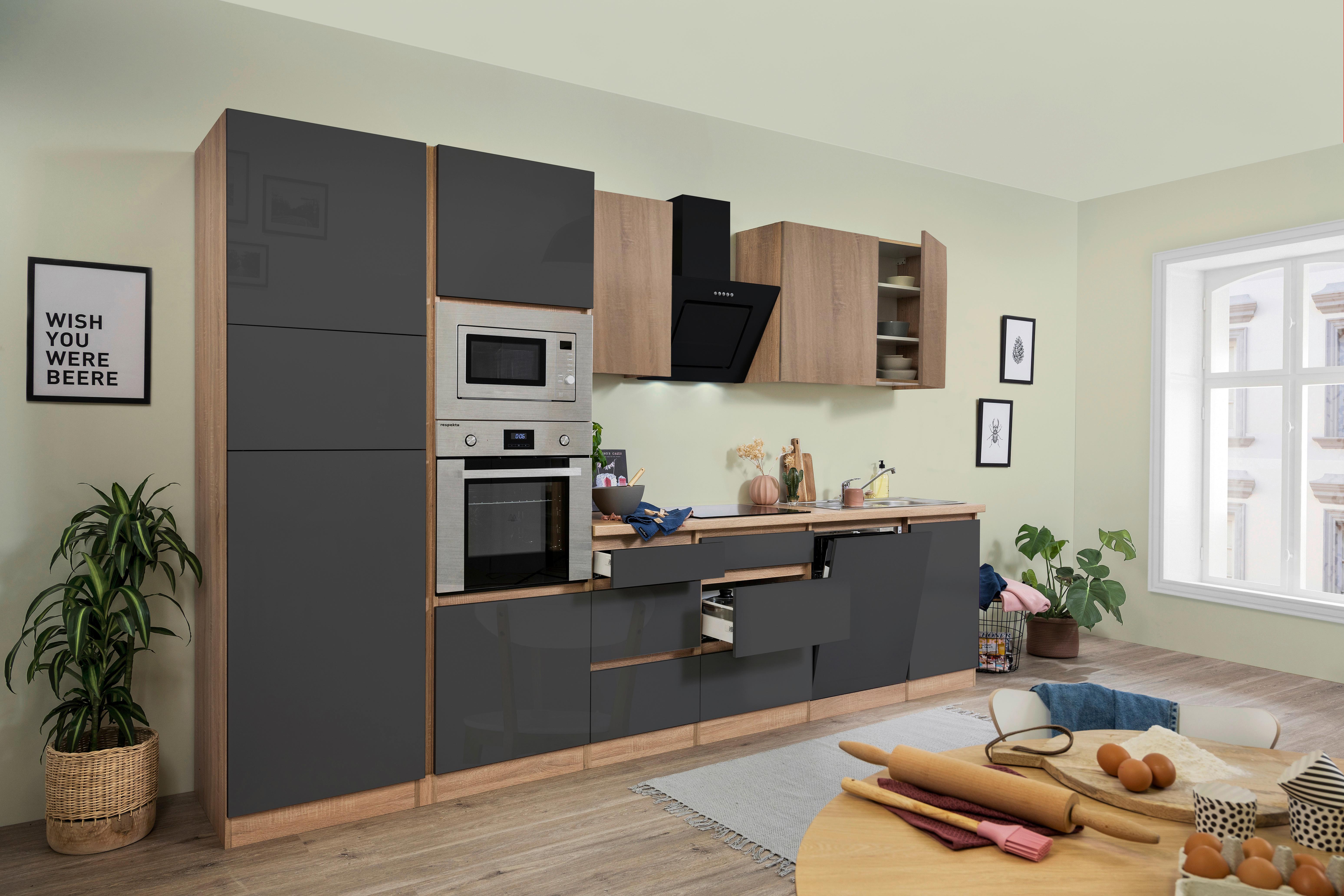 Küchenzeile Premium mit Geräten 345 cm Grau/Eiche Dekor - Eichefarben/Grau, Basics, Holzwerkstoff (345cm) - Respekta
