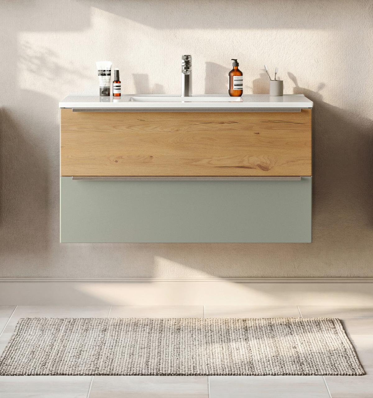 WASCHTISCHKOMBI Schilfgrün/Wildeiche B: 100cm - Schilfgrün/Wildeiche, Trend, Holzwerkstoff/Stein (100/54/47cm) - Held