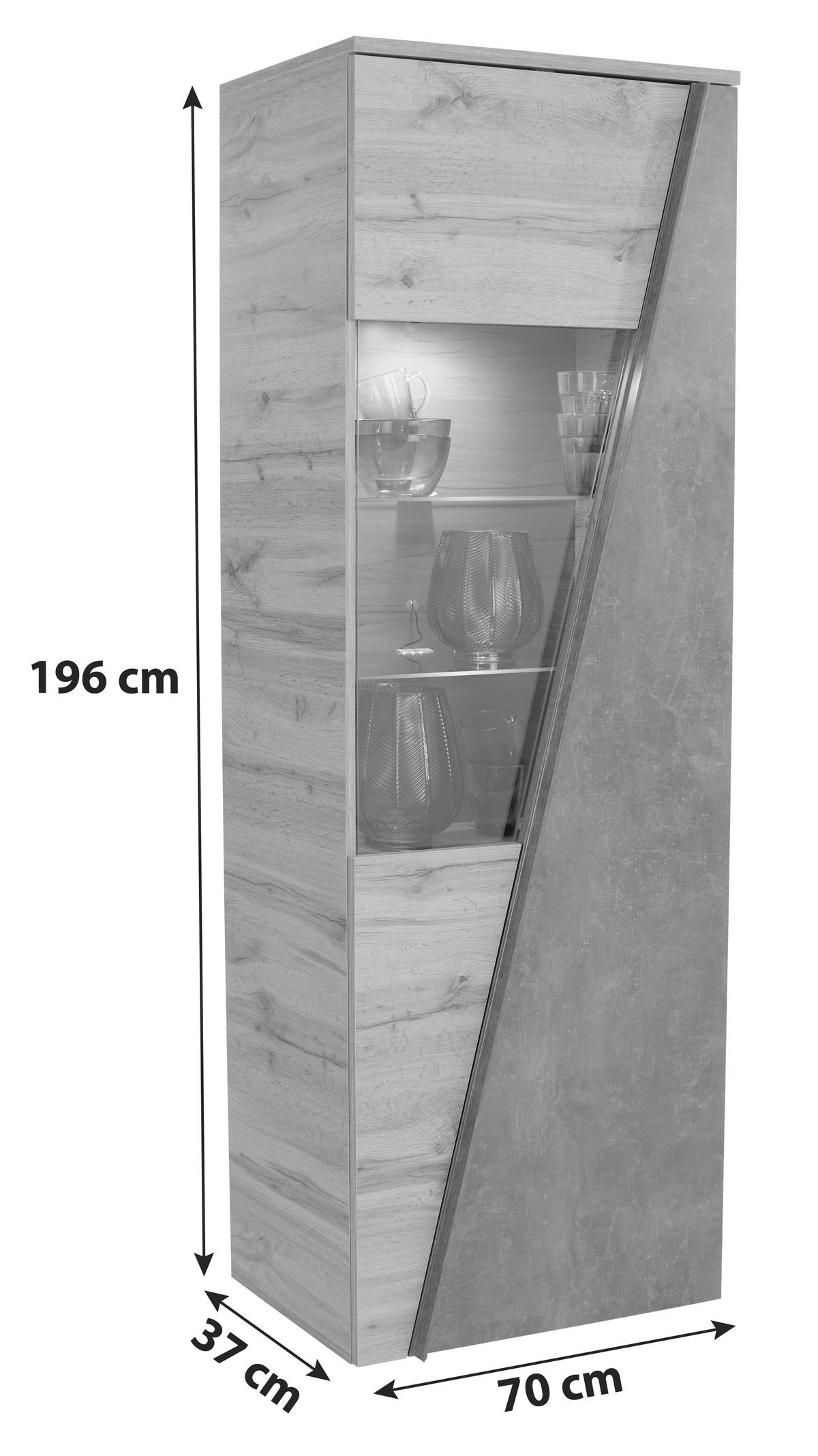 Vitrine Venedig B: 70 Cm Betonoptik/wotan Eiche Dekor - Eichefarben/Dunkelgrau, MODERN, Glas/Holzwerkstoff (70/196/37cm)
