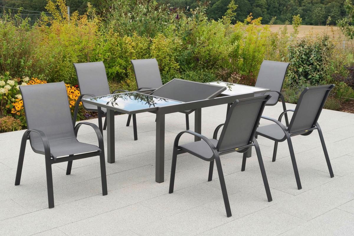 Gartentischgruppe Amalfi 7 -Teilig. Graphitfarben/Grau - Graphitfarben/Grau, KONVENTIONELL, Glas/Textil - Gardenson