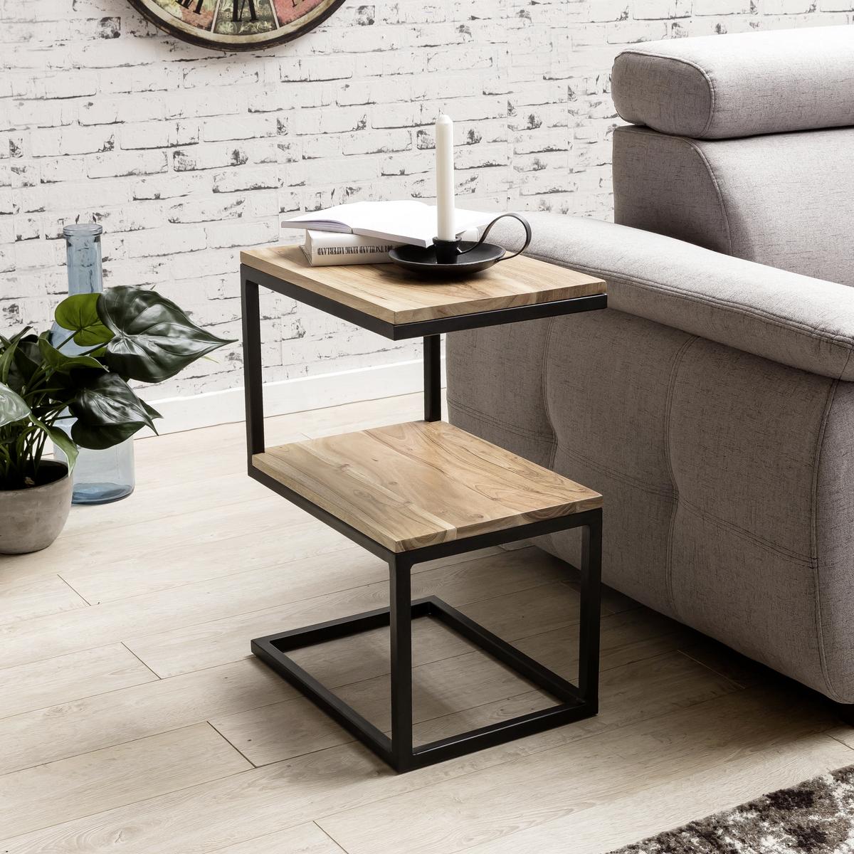 Beistelltisch S-Form Akola, Akazie Massiv/Schwarz - Schwarz/Akaziefarben, Design, Holz/Metall (45/30/60cm) - MID.YOU