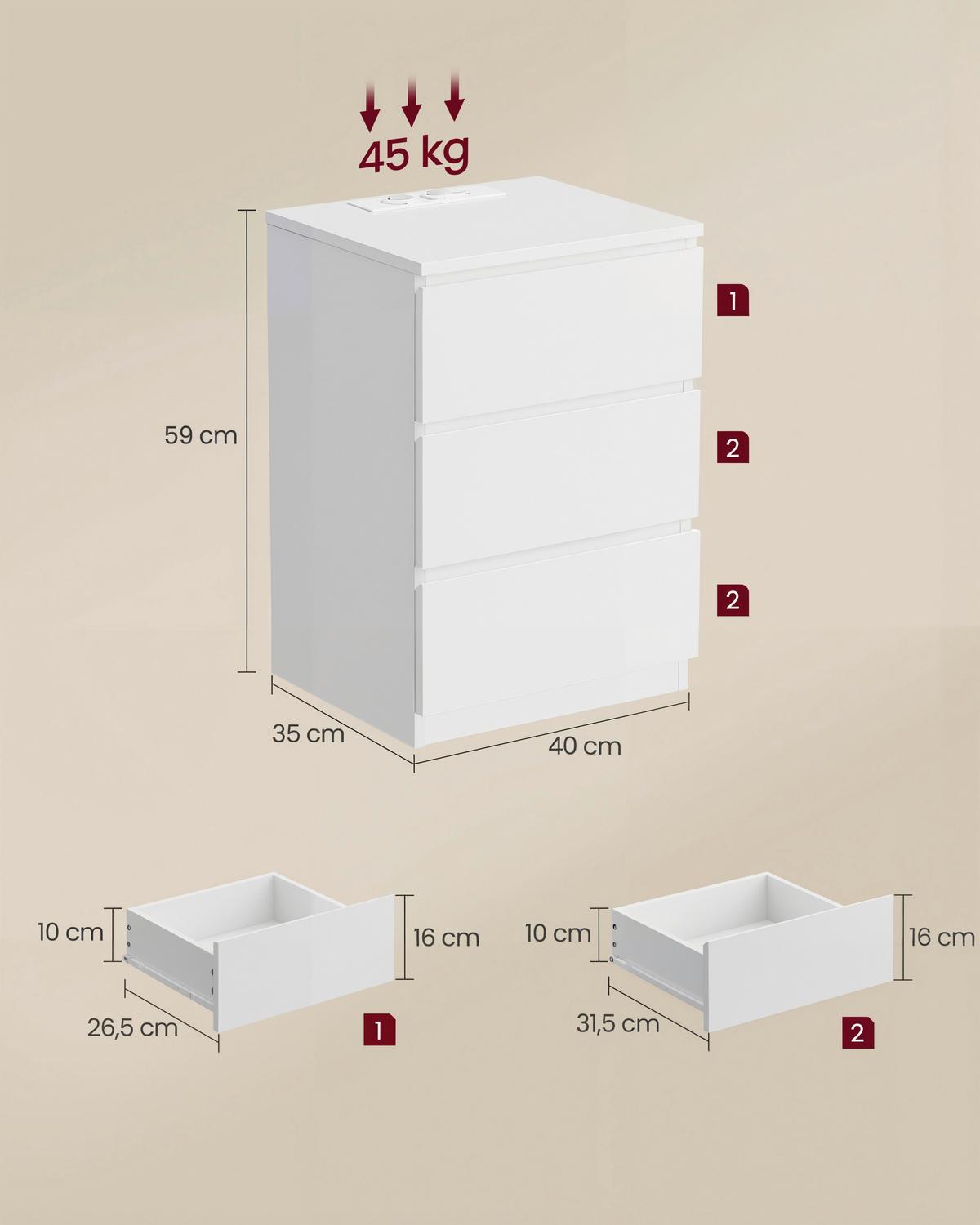Nachtkästchen Weiß H: 59 cm - Weiß, MODERN, Holzwerkstoff (40/59/35cm) - MID.YOU