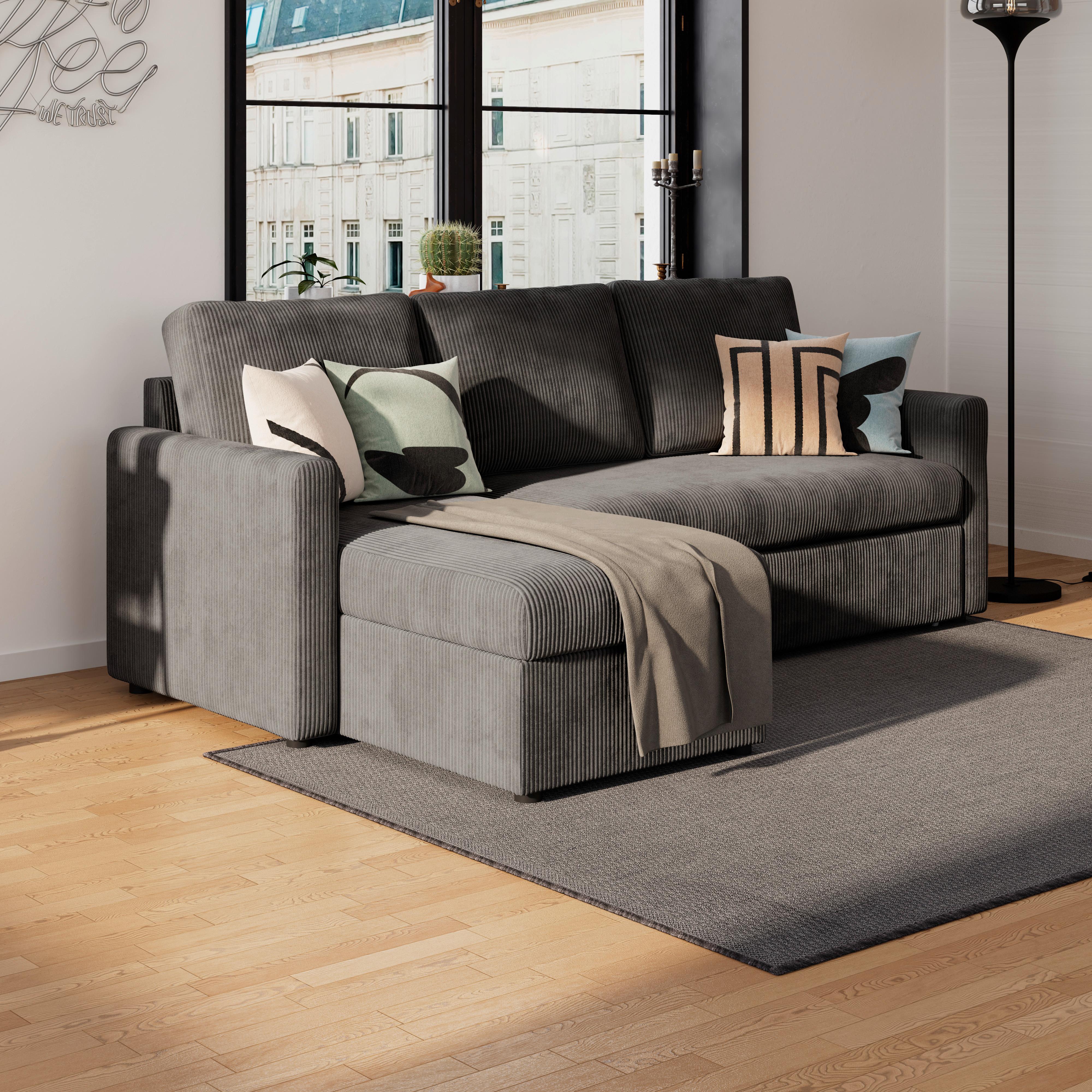 Ecksofa mit Schlaffunktion Paris Anthrazit Cord 215x145cm - Anthrazit/Schwarz, Basics, Holz/Holzwerkstoff (215/145cm)