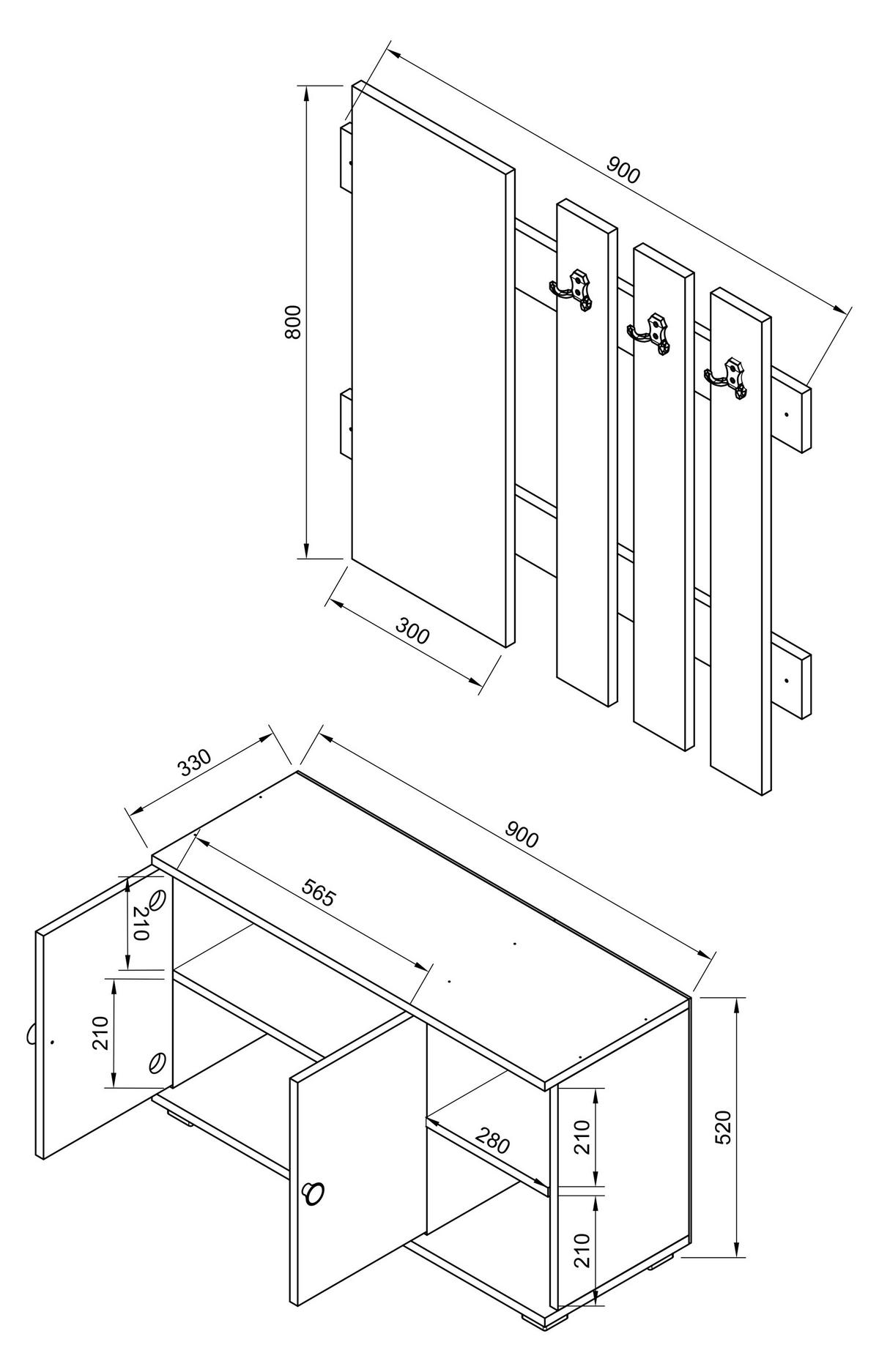 Garderobe Gados 2-teilig Weiß - Weiß, MODERN, Holzwerkstoff (90/132/33cm) - MID.YOU