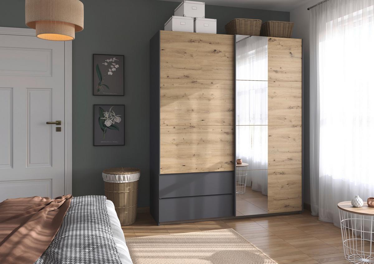 Schwebetürenschrank Stoke Grau Eiche Artisan Dekor - Eiche Artisan/Grau, MODERN, Holzwerkstoff (175/210/59cm) - Rauch Möbel