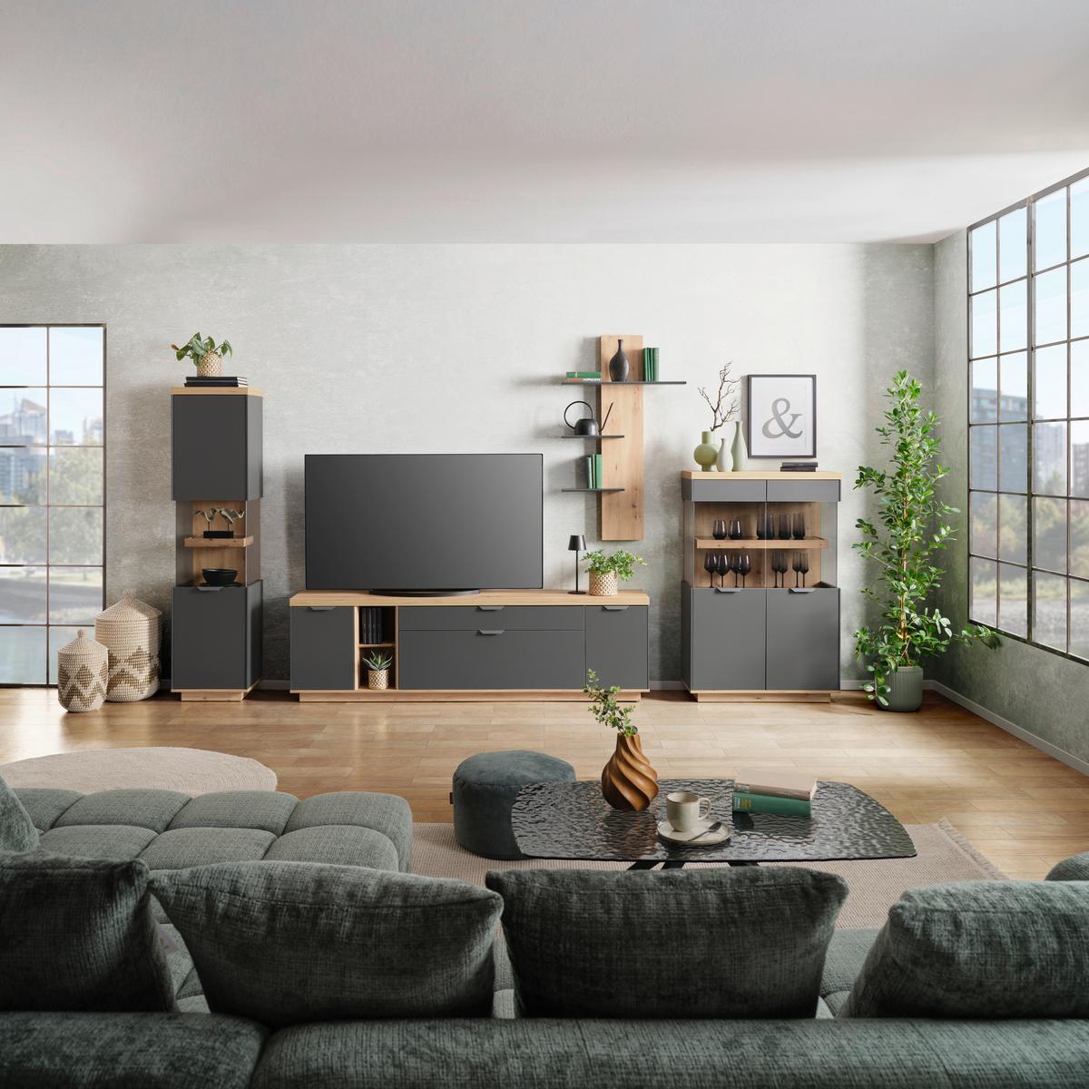 Wohnwand Jake Anthrazit/ Eiche Artisan Dekor B: 423,8cm - Anthrazit/Eiche Artisan, Trend, Glas/Holzwerkstoff (423,8/187/38cm)