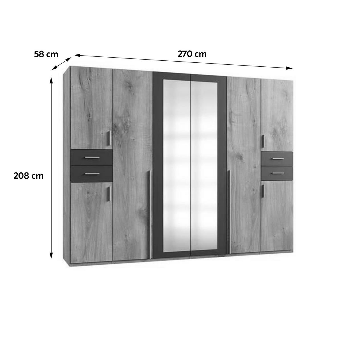 Drehtürenschrank Mit Spiegel 270cm Vegas, Eiche Dekor - Eichefarben/Graphitfarben, Basics, Holzwerkstoff (270/208/58cm) - MID.YOU