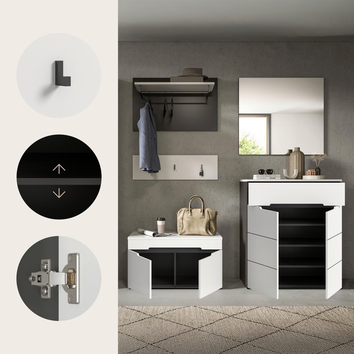 Garderobe Canu 4-Teilig Grau/Weiß B: 175 cm - Weiß/Grau, Design, Holzwerkstoff (175/190/37cm) - Livetastic