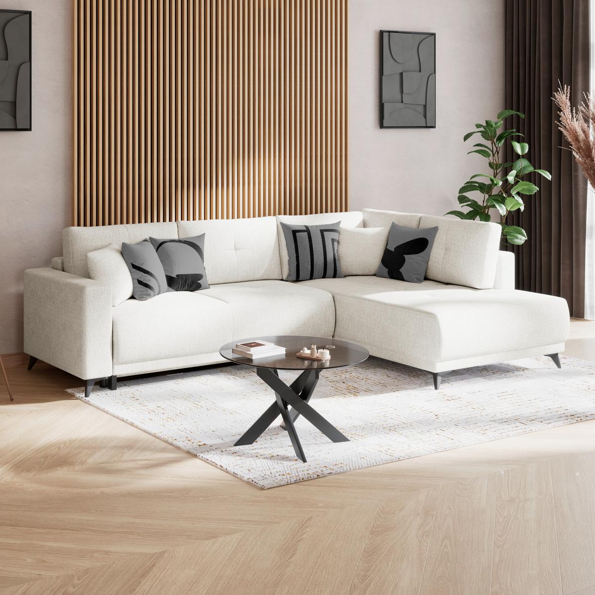 Ecksofa mit Schlaffunktion & Bettkasten Texas Creme - Creme/Schwarz, KONVENTIONELL, Holz (259/203cm)