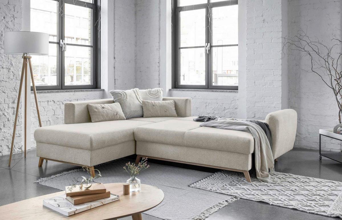 Sedačka LUCILE L, levá, béžová, úl.prostor a lůžko - přírodní barvy/béžová, dřevo/textil (202/242cm) - MID.YOU