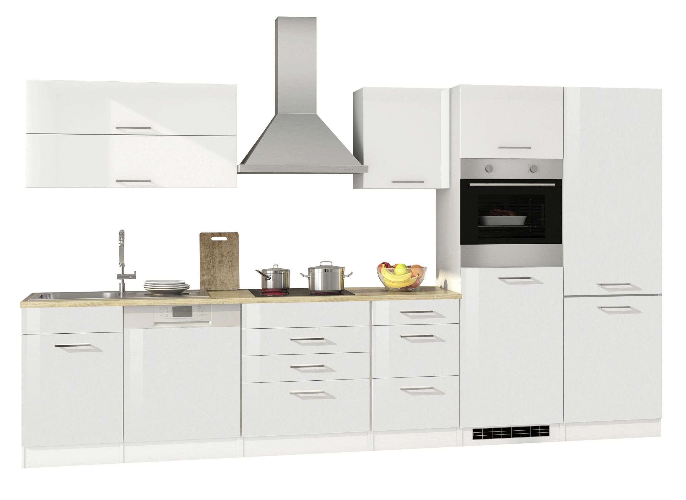 Küchenzeile Mailand mit Geräten 360 cm Weiß Hochglanz - Weiß Hochglanz/Eichefarben, MODERN, Holzwerkstoff (360cm) - Held