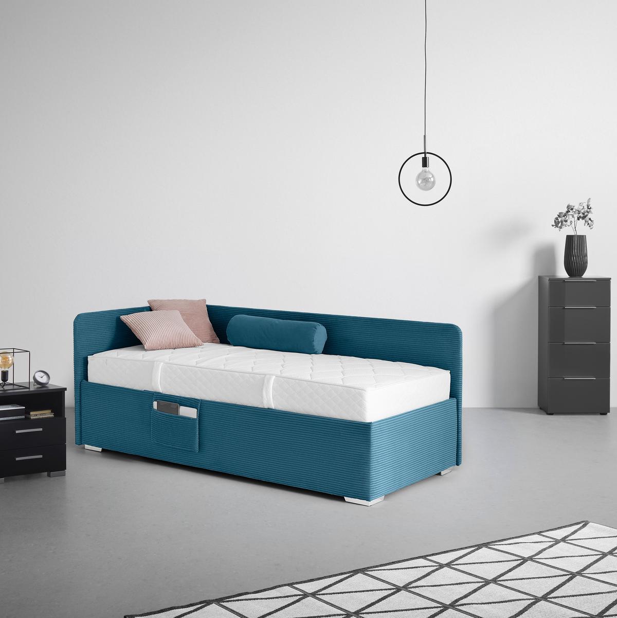 Posteľ Remi s bočnicami 140x200, poťah pastelový modrý - prírodná farba/pastelová modrá, Konventionell, drevo/textil (140/200cm)