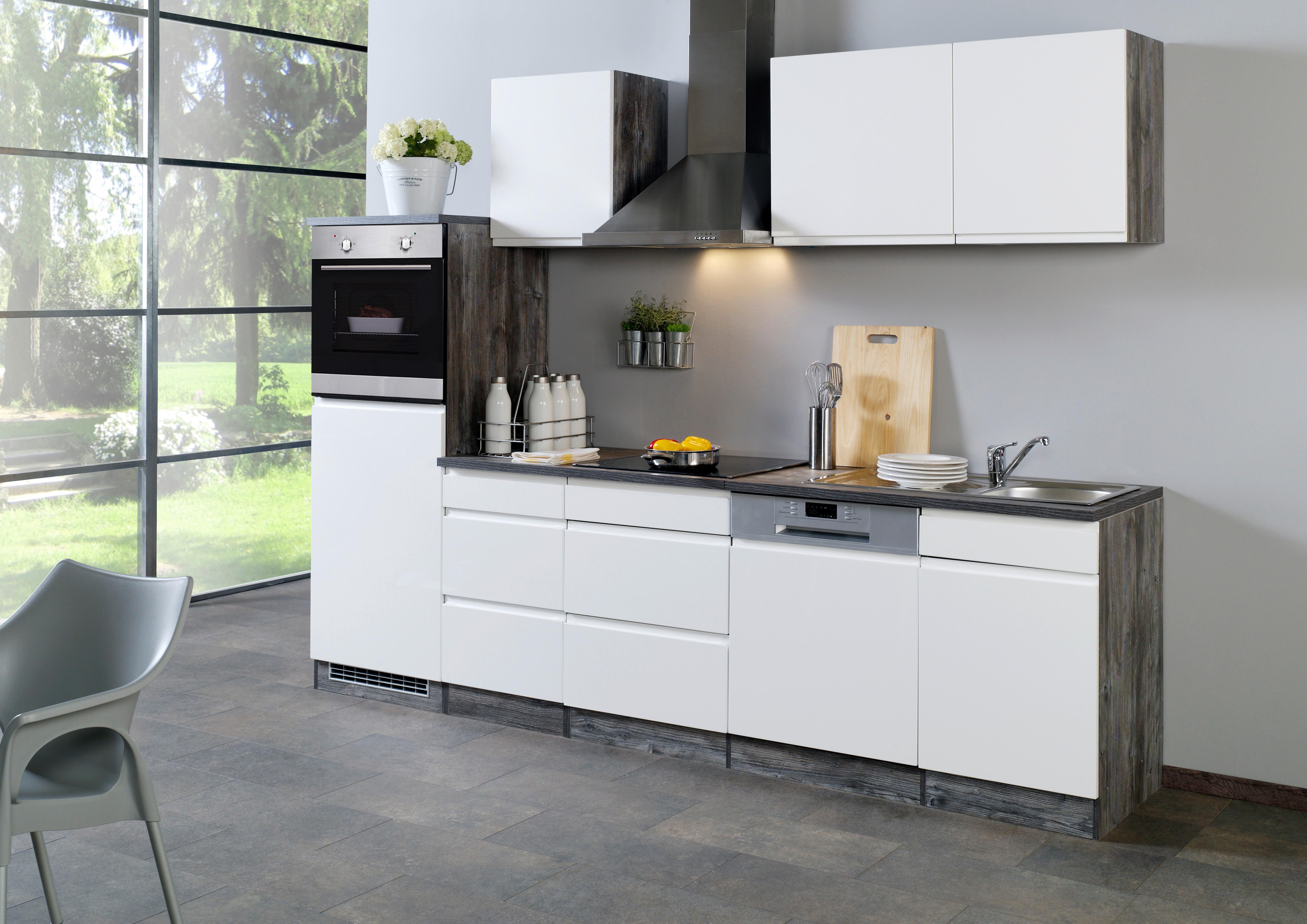 Küchenzeile Cardiff mit Geräten 280 cm Weiß Hochglanz/Eiche