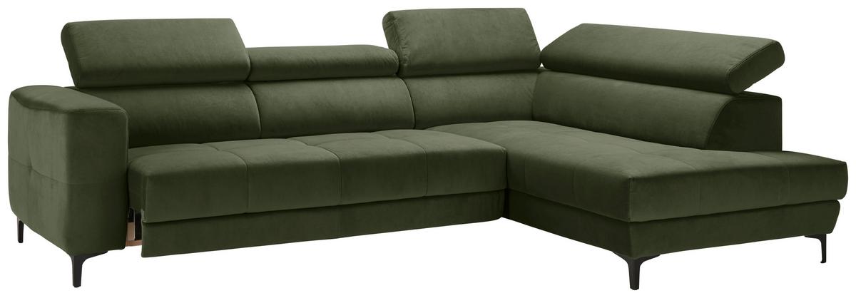 Rohová sedačka EMMA, pravá, oliv.zel.,op.hl.,USB,el.výsuv - černá/olivově zelená, Moderní, textil (301/210cm) - Premium Living