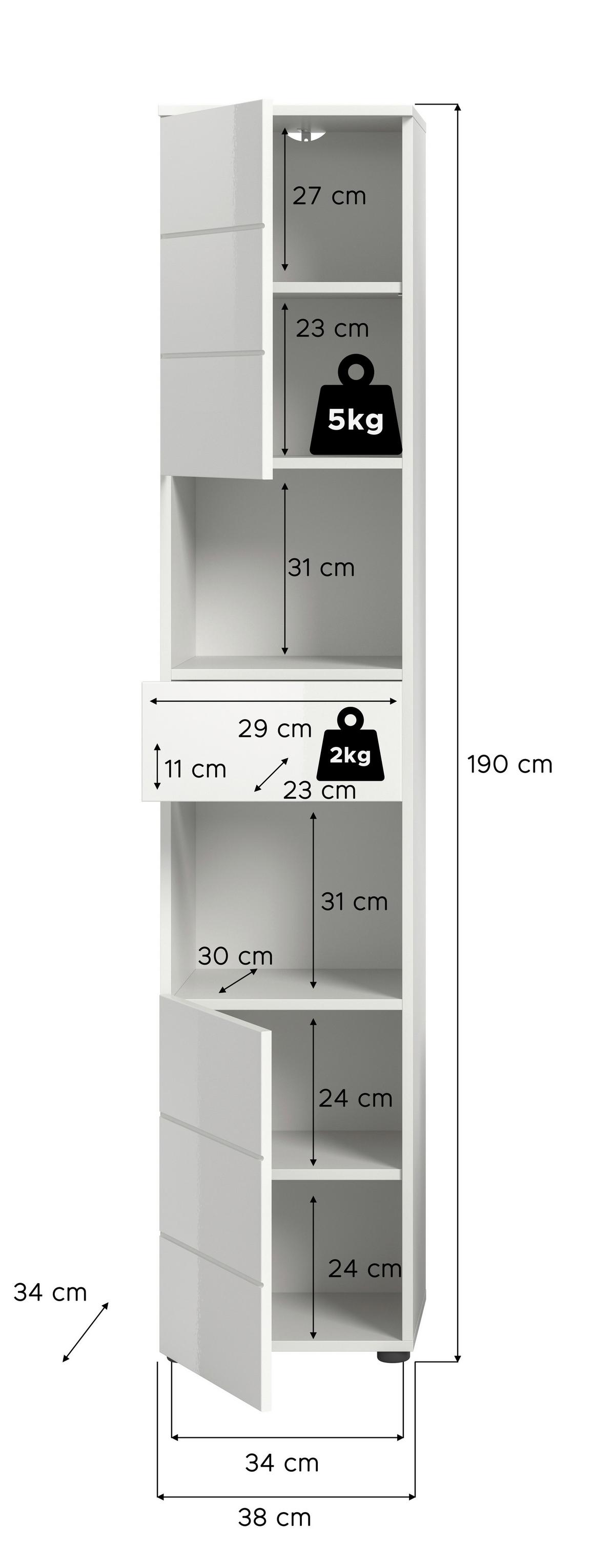 Hochschrank Vira Weiß B: 38 cm - Weiß Hochglanz/Schwarz, MODERN, Holzwerkstoff (38/190/34cm) - MID.YOU