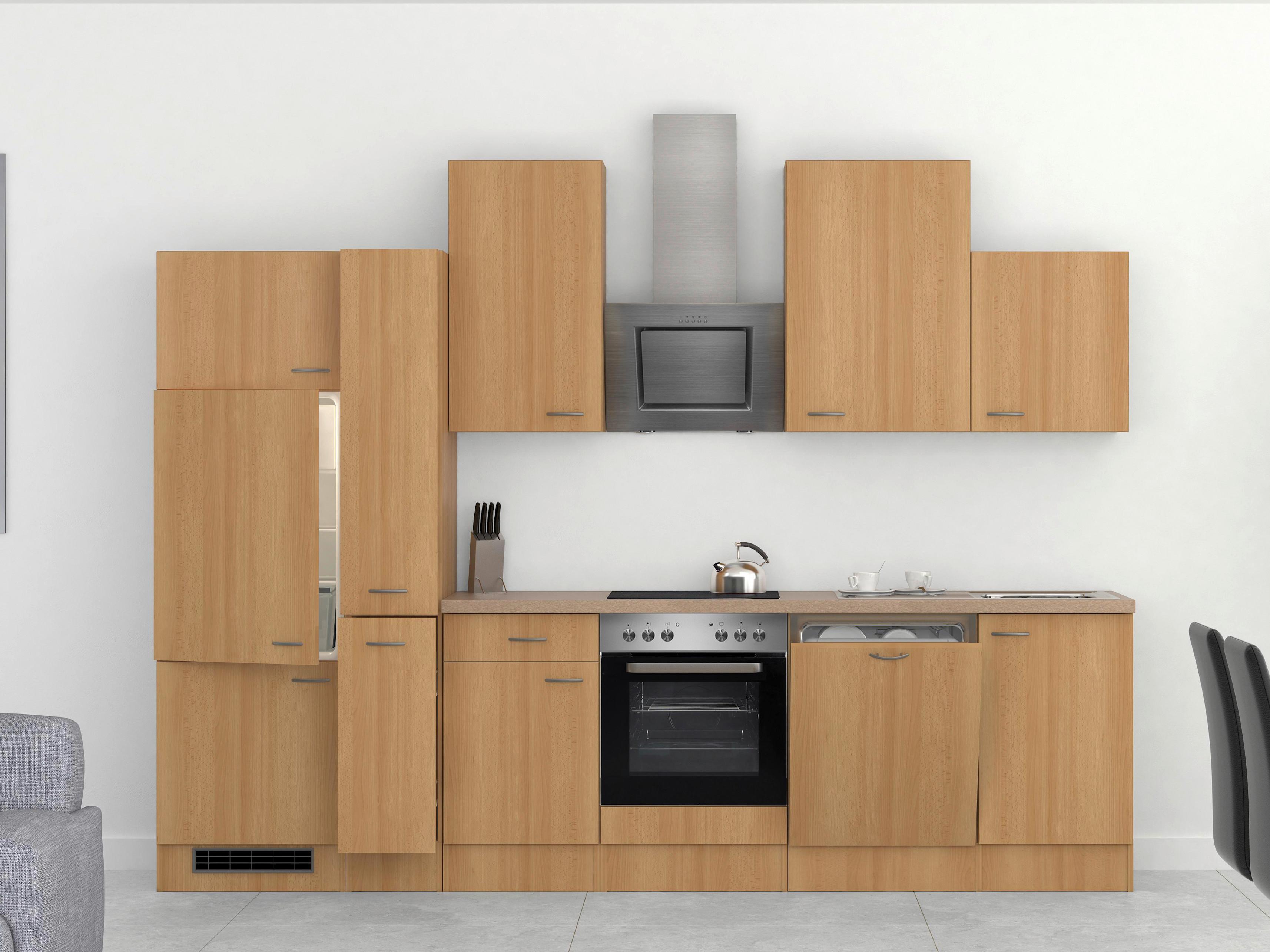 Küchenzeile Nano M. Geräten 310 Cm Buche/creme Dekor - Beige/Buchefarben, MODERN, Holzwerkstoff (310cm) - FlexWell