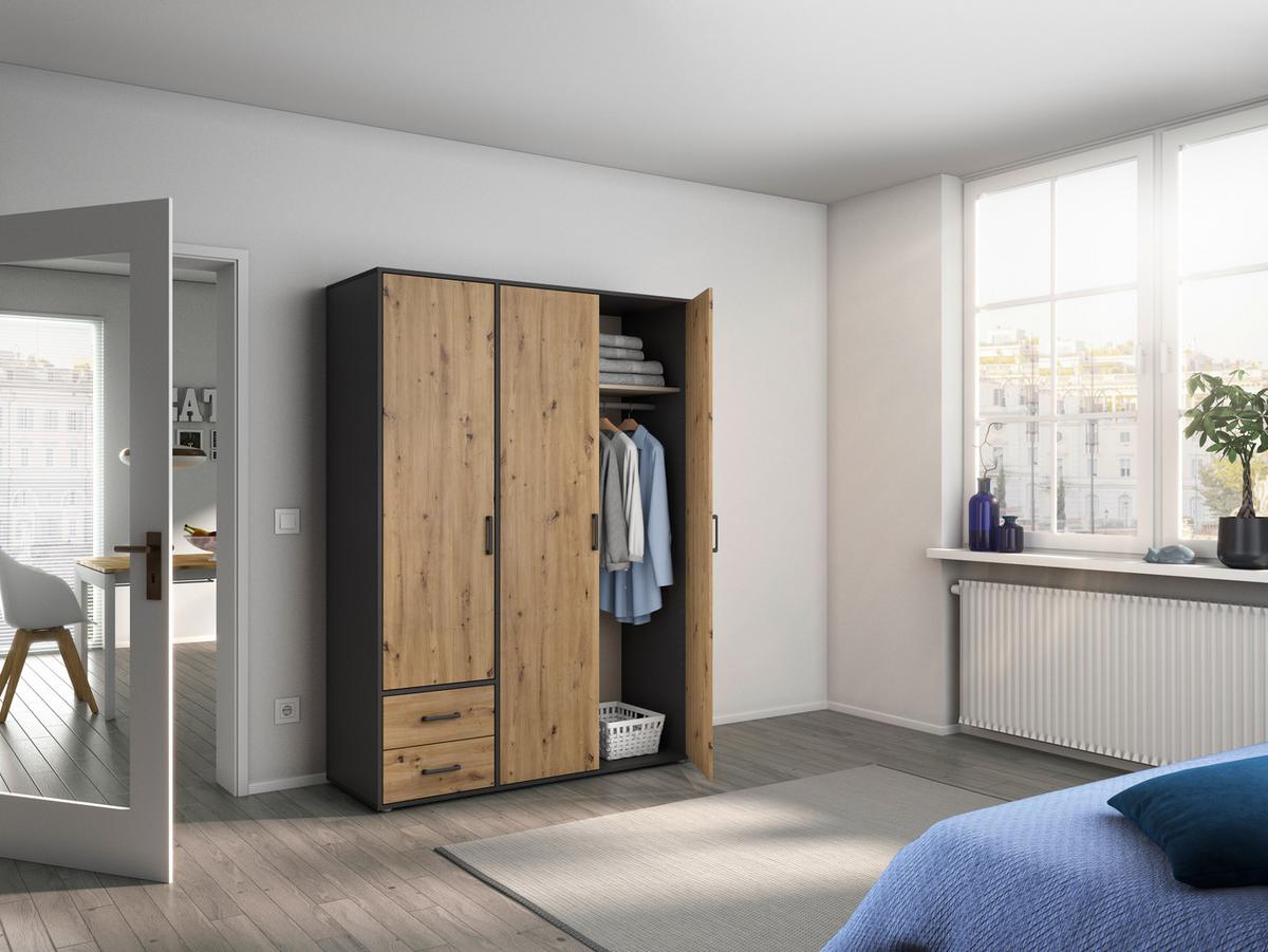 Drehtürenschrank Voyager Grau,eiche Artisan 140 Cm - Eiche Artisan/Grau, MODERN, Holzwerkstoff (140/194/53cm) - Rauch Möbel