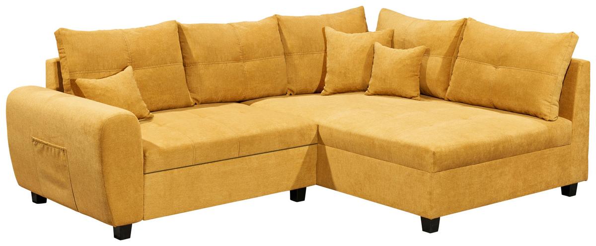 Ecksofa mit Schlaffunktion + Kissen Lea, Polyester-Nylon - Gelb/Schwarz, Basics, Holzwerkstoff/Textil (248/176cm) - MID.YOU