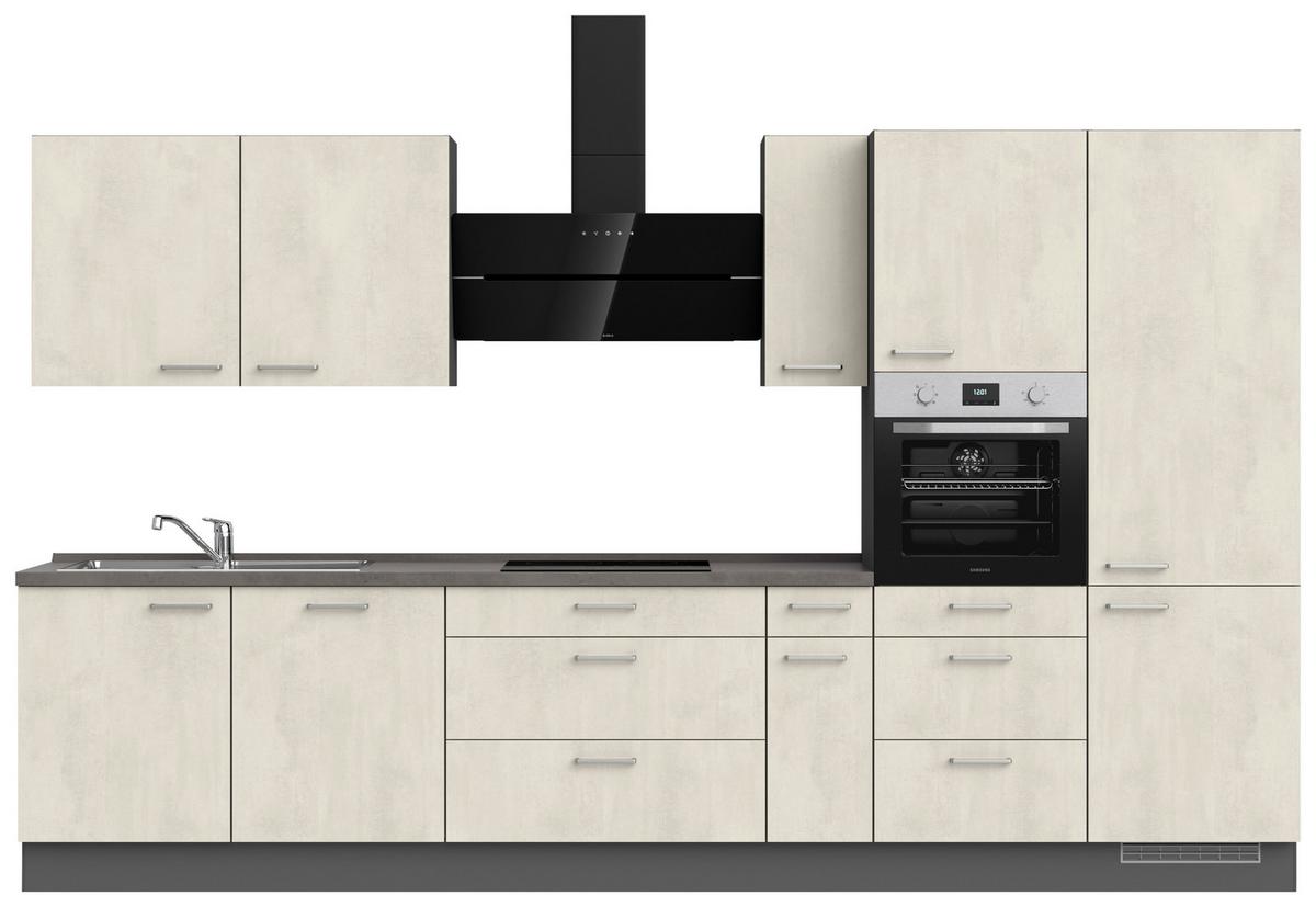 Kuchynská linka 360CM biely betón/ bridlicová šedá - biela/farba ušľachtilej ocele, Modern, kov/kompozitné drevo (360cm) - Nobilia