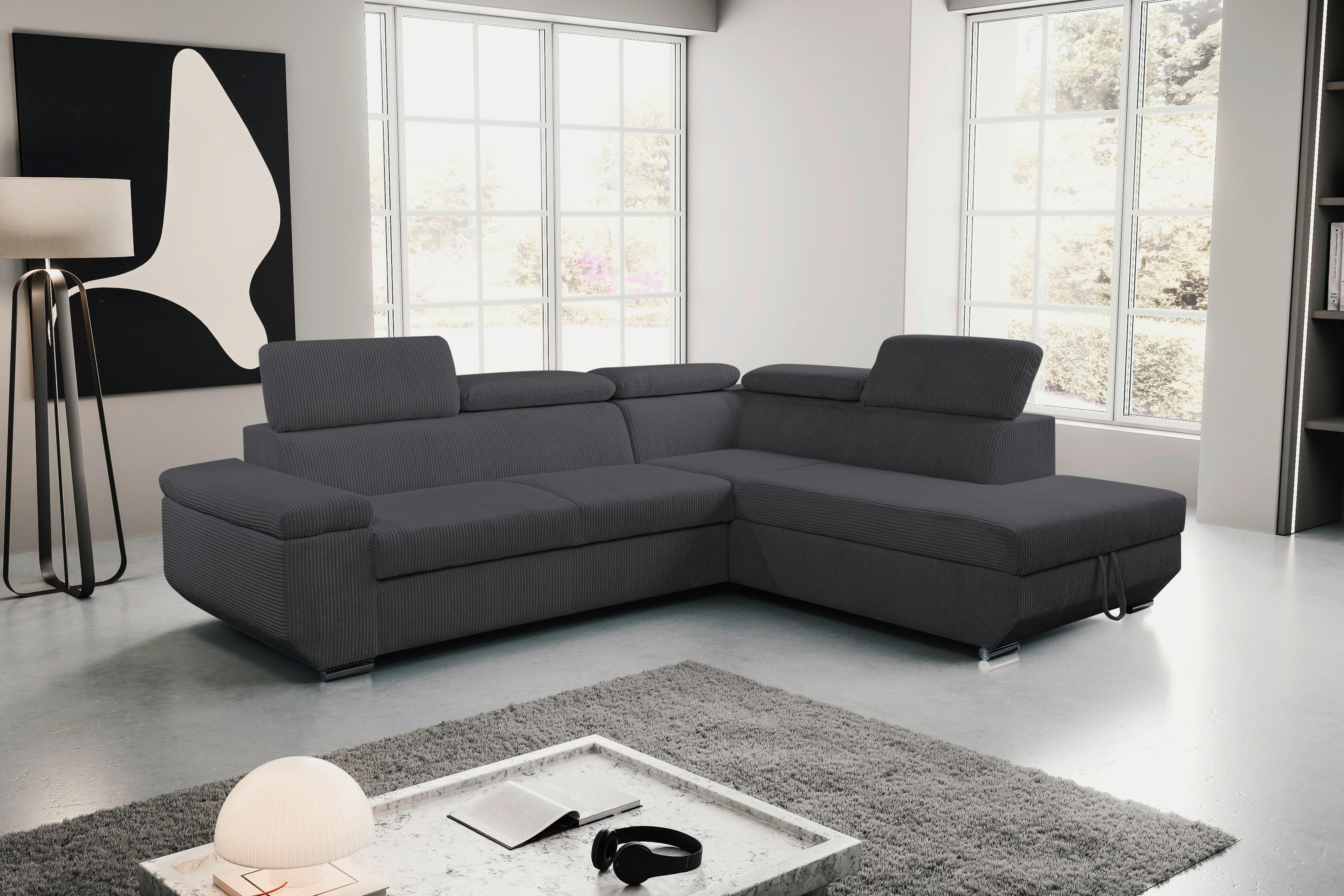 Ecksofa Lars I Cord Anthrazit, Lf: 123x193cm - Chromfarben/Anthrazit, Design, Textil (264/215cm) - Livetastic