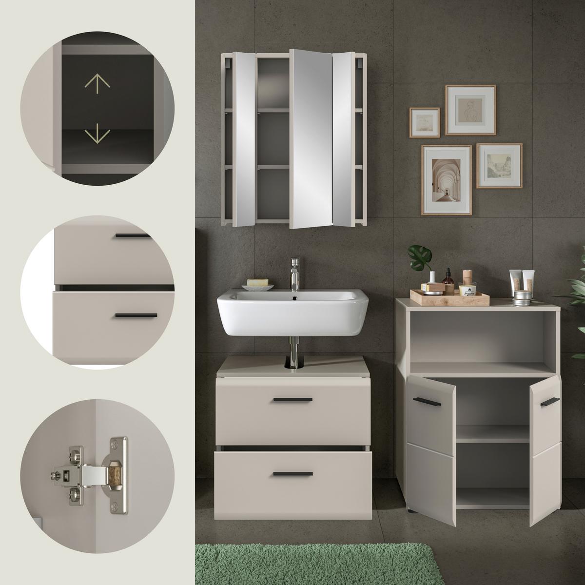 Badezimmer ICE Kaschmir B: 120 cm - Kaschmir/Schwarz, Trend, Glas/Holzwerkstoff (120cm) - MID.YOU