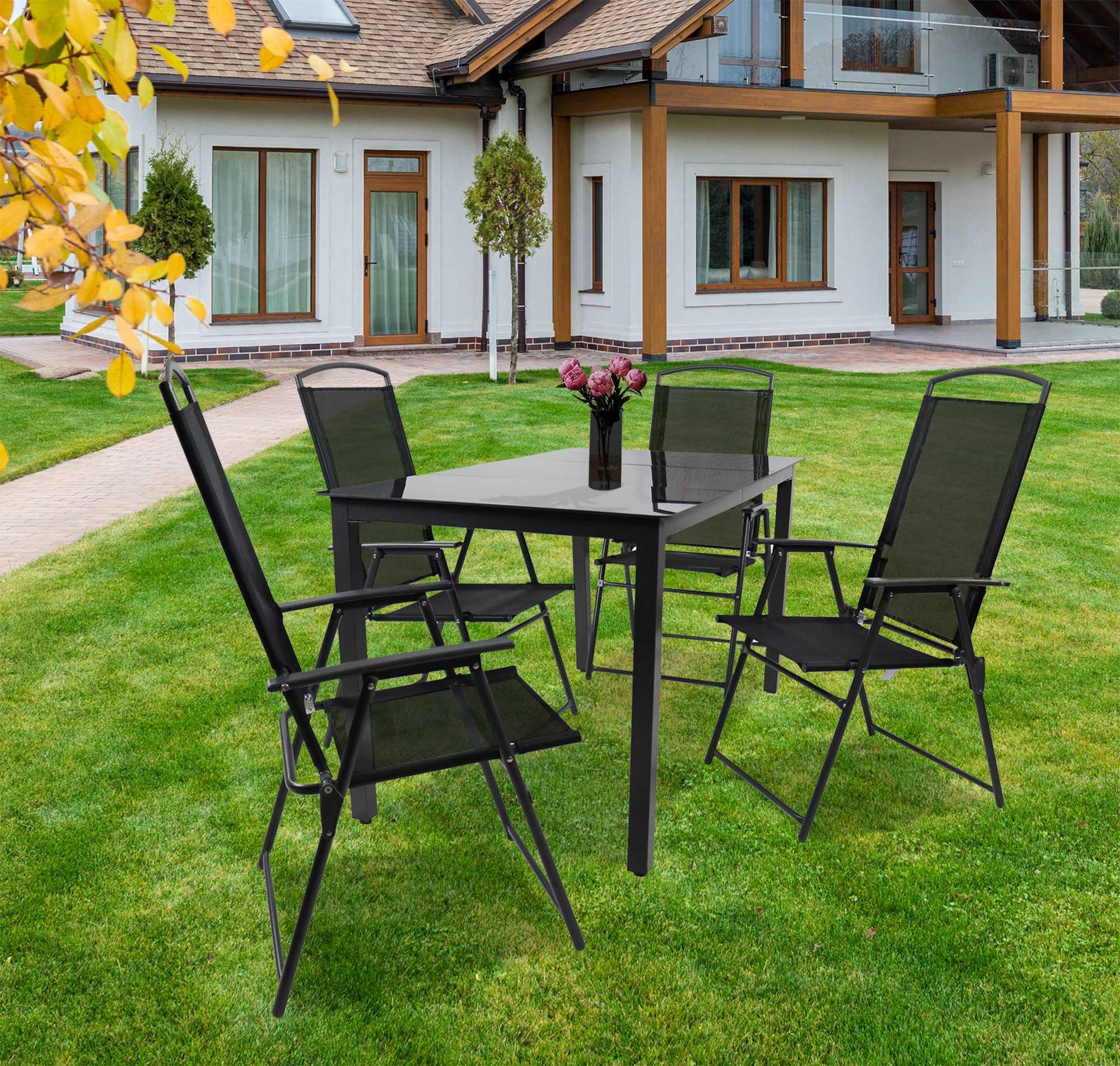 Gartentischgruppe 918153 5-teilig Schwarz - Anthrazit/Schwarz, Basics, Glas/Textil - Gardenson