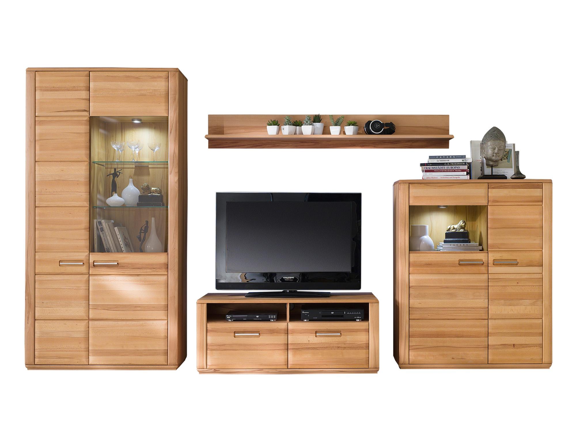 Wohnkombination teilmassiv 4--Teilig. Sena Buchefarben - Buchefarben, Design, Glas/Holz (357/209/51cm) - Livetastic