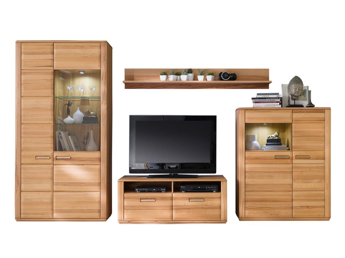 Wohnkombination teilmassiv 4--teilig. Sena Buchefarben - Buchefarben, Design, Glas/Holz (357/209/51cm) - Livetastic