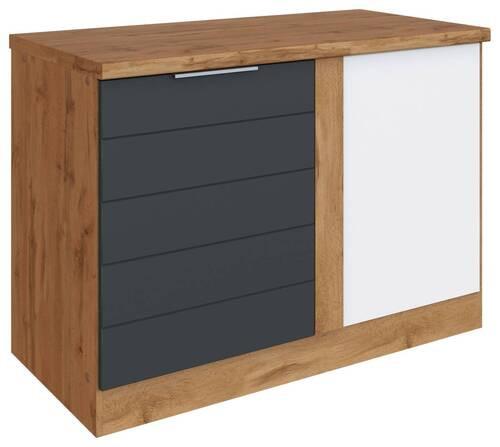 Eckunterschrank für die Küche in Eiche Dekor und Grau mit chromfarbenen Griffleisten
