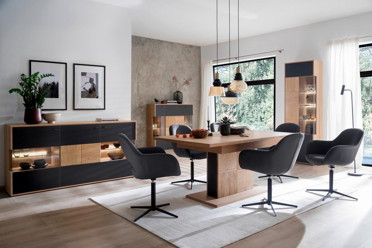 Highboard Echtholz B: 94 cm Valencia Anthrazit/Eiche - Eiche Bianco/Anthrazit, Design, Glas/Holz (94/120/37cm) - MID.YOU