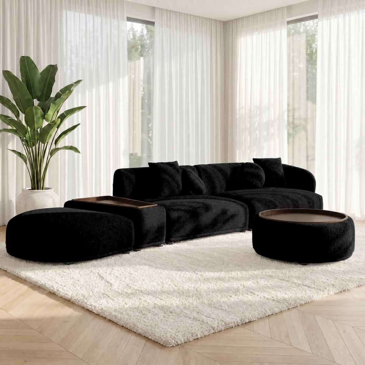 Rohová sedačka KIRA, čierna ženilka, so stolíkom - čierna, Modern, drevo/textil (408/108cm) - Bessagi Home