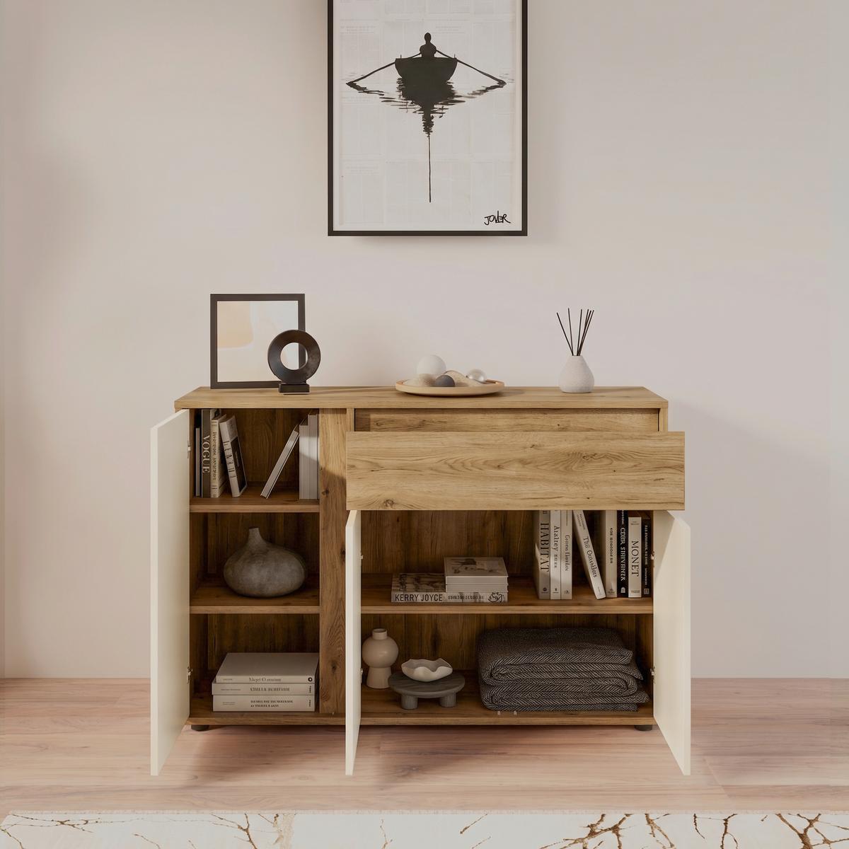 Sideboard Caneva Eiche Artisan/Kaschmir B:128cm - Kaschmir/Schwarz, MODERN, Holzwerkstoff (128/86/40,3cm)